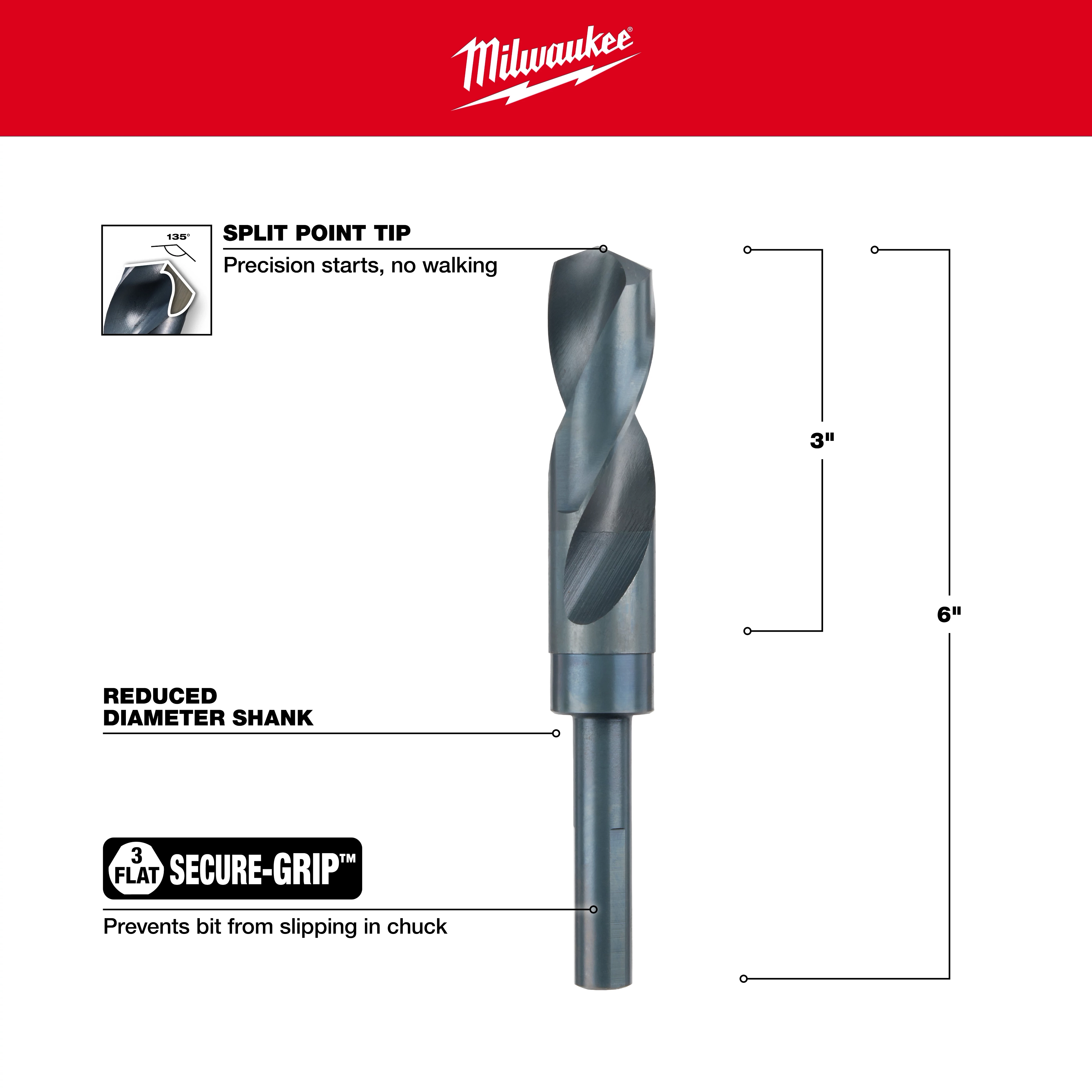 Milwaukee 48-89-2751 drill bit with split point tip, reduced diameter shank, and Secure-Grip feature. Measures 6 inches in length.