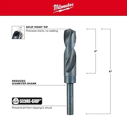 Milwaukee 48-89-2751 drill bit with split point tip, reduced diameter shank, and Secure-Grip feature. Measures 6 inches in length.