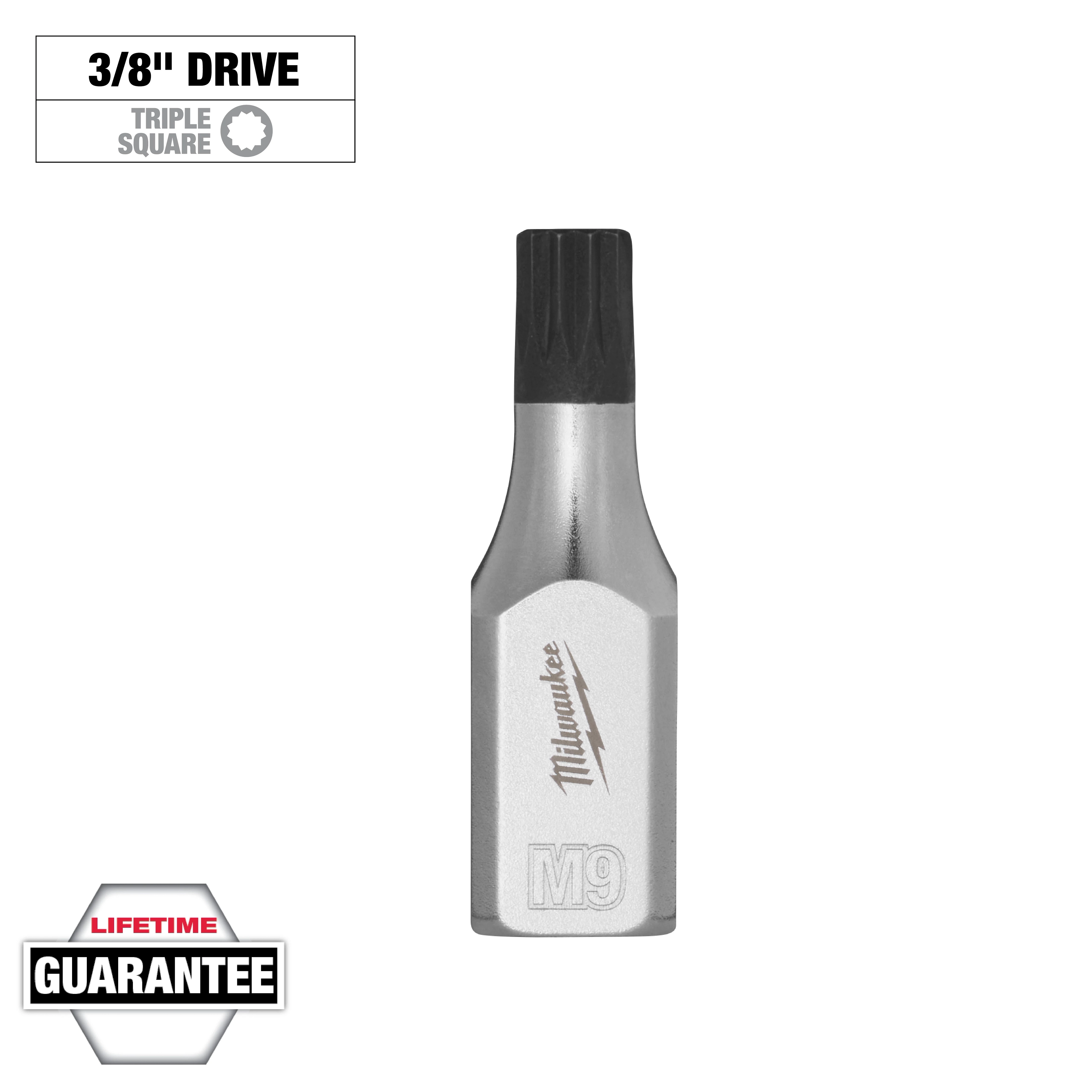 3/8" Drive 9mm Triple Square Bit Socket with black tip and silver body. "Lifetime Guarantee" and "Triple Square" icons are shown.
