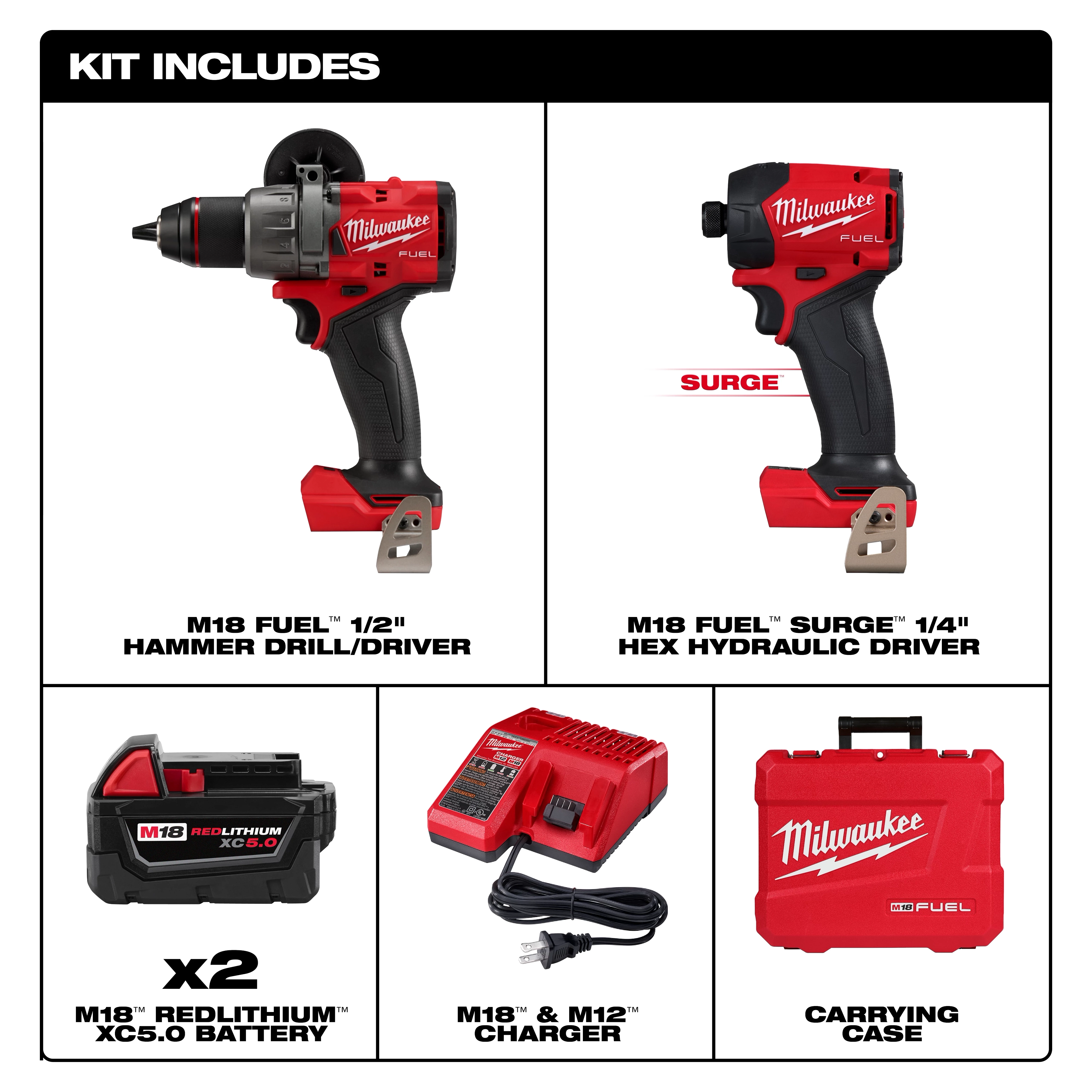 The M18 FUEL™ 2-Tool Combo Kit includes a 1/2" hammer drill/driver, a 1/4" hex hydraulic driver, two M18™ REDLITHIUM™ XC5.0 batteries, an M18™ & M12™ charger, and a carrying case. Both tools are red and black with the Milwaukee logo prominently displayed.