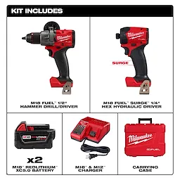 The M18 FUEL™ 2-Tool Combo Kit includes a 1/2" hammer drill/driver, a 1/4" hex hydraulic driver, two M18™ REDLITHIUM™ XC5.0 batteries, an M18™ & M12™ charger, and a carrying case. Both tools are red and black with the Milwaukee logo prominently displayed.
