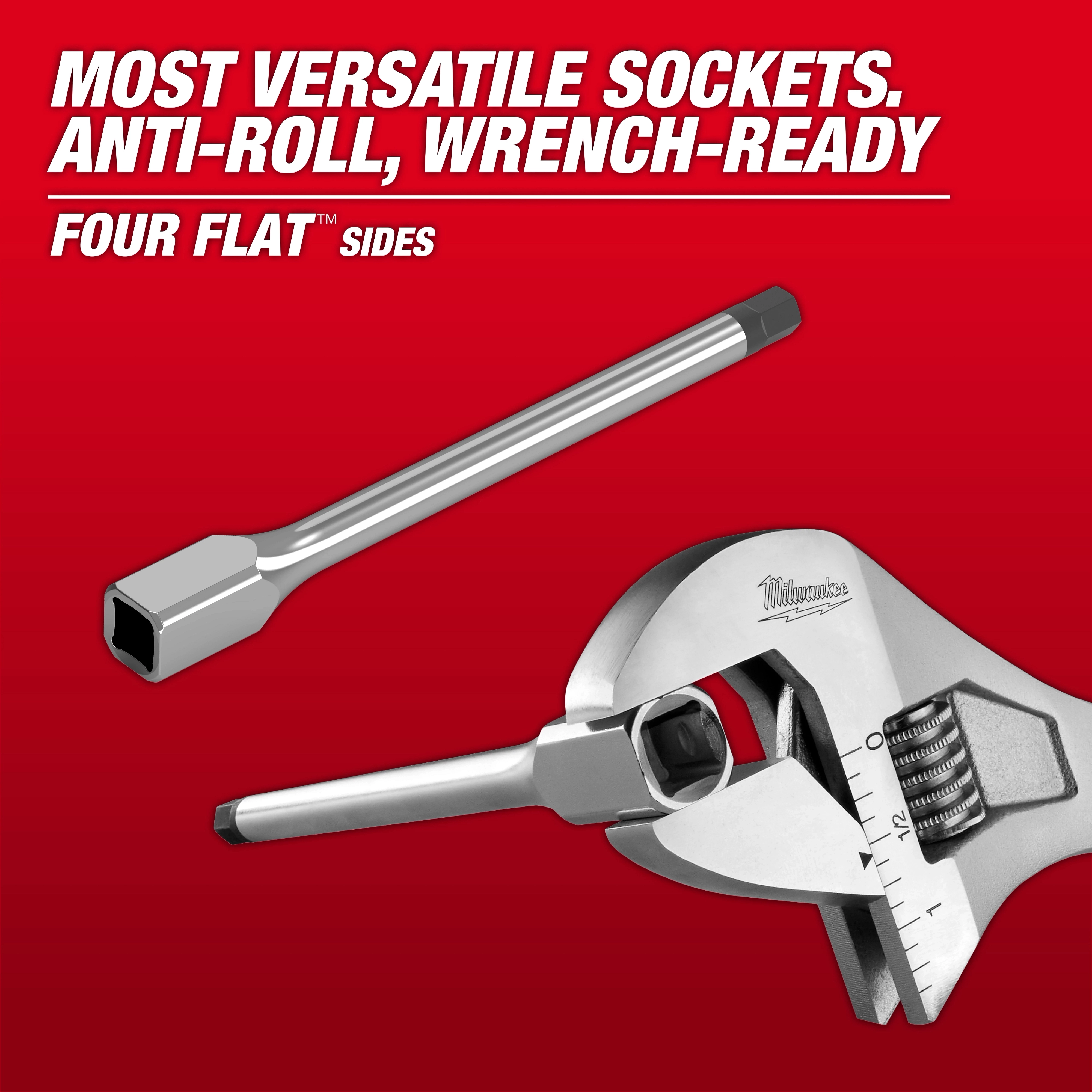 Long End Bit Socket with a silver finish featuring anti-roll design and four flat sides, shown with an adjustable wrench.