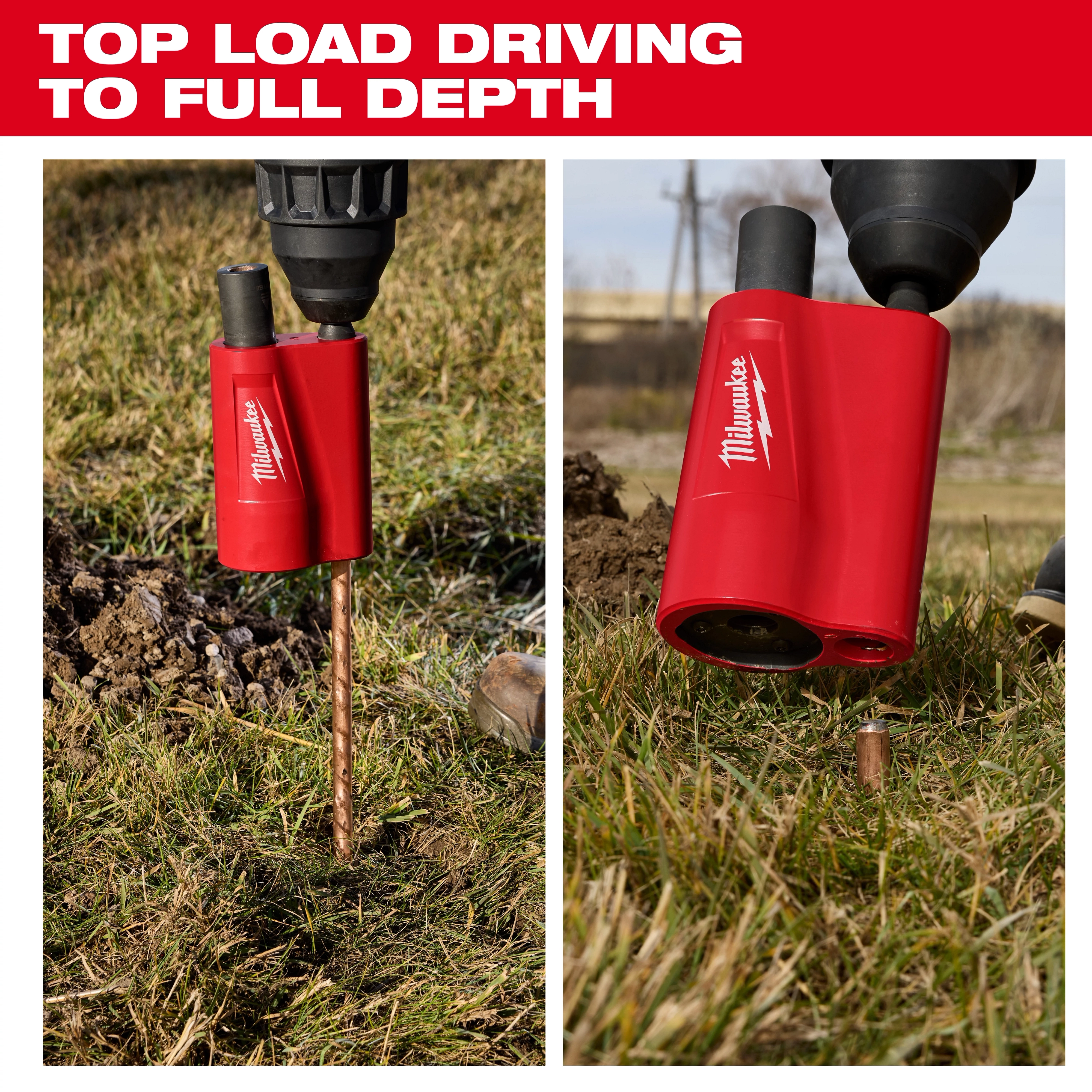 SDS Max Side Load Ground Rod Driver in use, driving a ground rod into the grass. Prominent red casing on the tool.