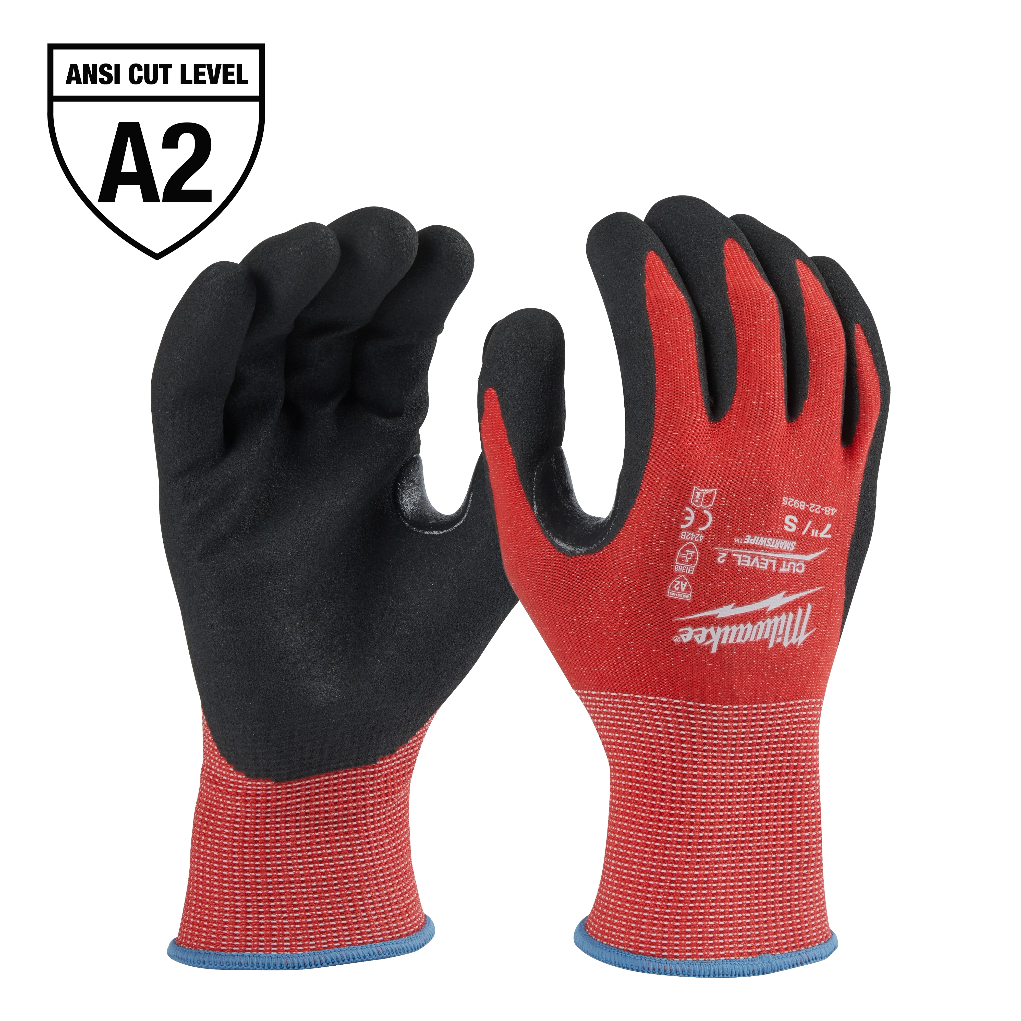 Milwaukee 48-22-8925 primary image of red-and-black ANSI Cut Level A2 work gloves with textured palms and fingertips.