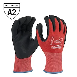 Milwaukee 48-22-8925 primary image of red-and-black ANSI Cut Level A2 work gloves with textured palms and fingertips.