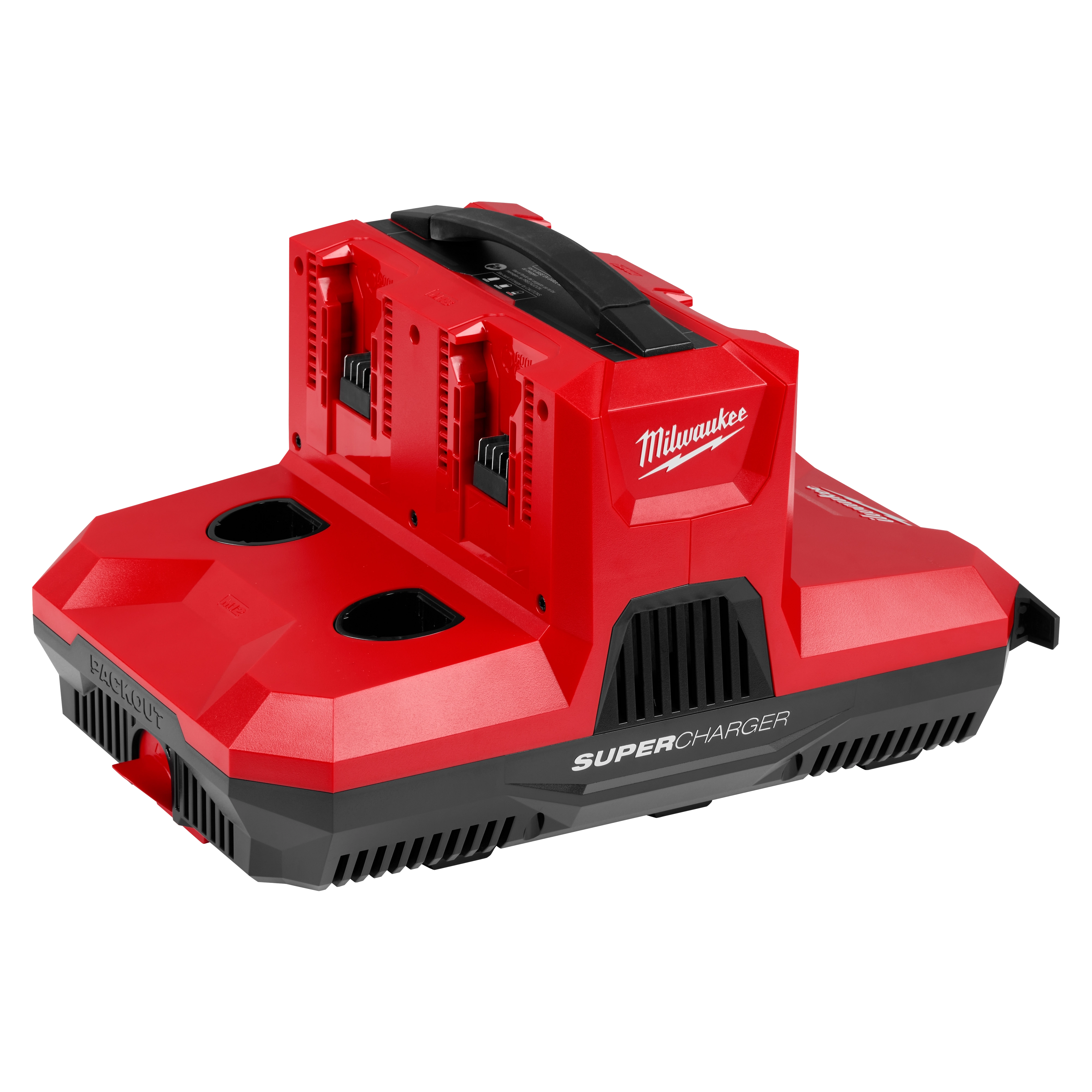 M18 & M12 Four Bay Simultaneous Super Charger with PACKOUT Compatibility, red and black, charges multiple batteries at once.