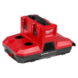 M18 & M12 Four Bay Simultaneous Super Charger with PACKOUT Compatibility, red and black, charges multiple batteries at once.