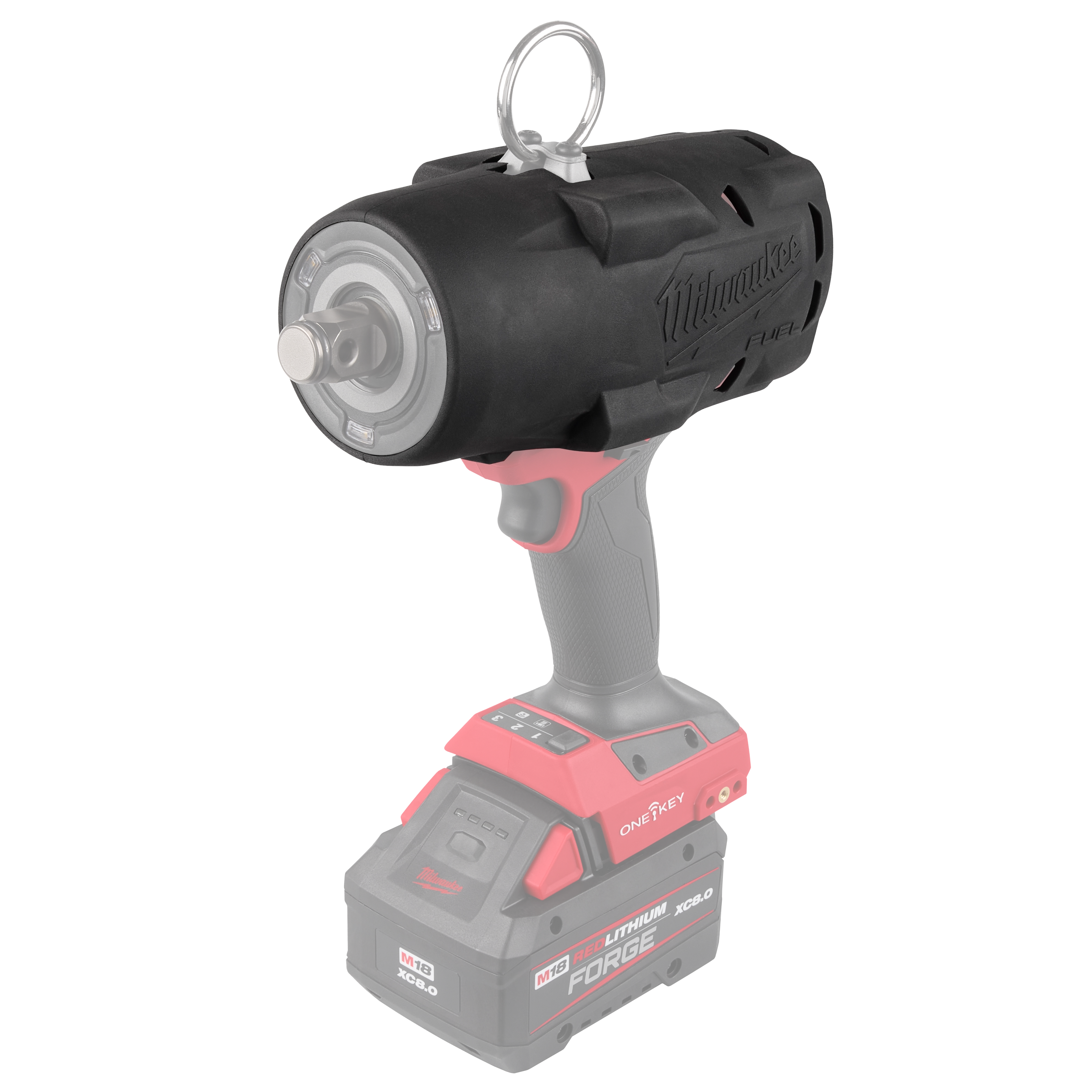M18 FUEL 3/4" High Torque Impact Wrench w/ ONE-KEY Protective Boot standing upright on its battery base.