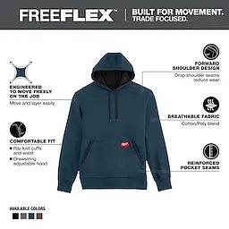Dark blue Midweight Pullover Hoodie featuring rib-knit cuffs and waist, adjustable drawstring hood, forward shoulder design, and reinforced pocket seams.