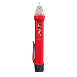 Milwaukee voltage detector pen in red with a clear cap, black clip and on/off button, designed for non-contact voltage detection.