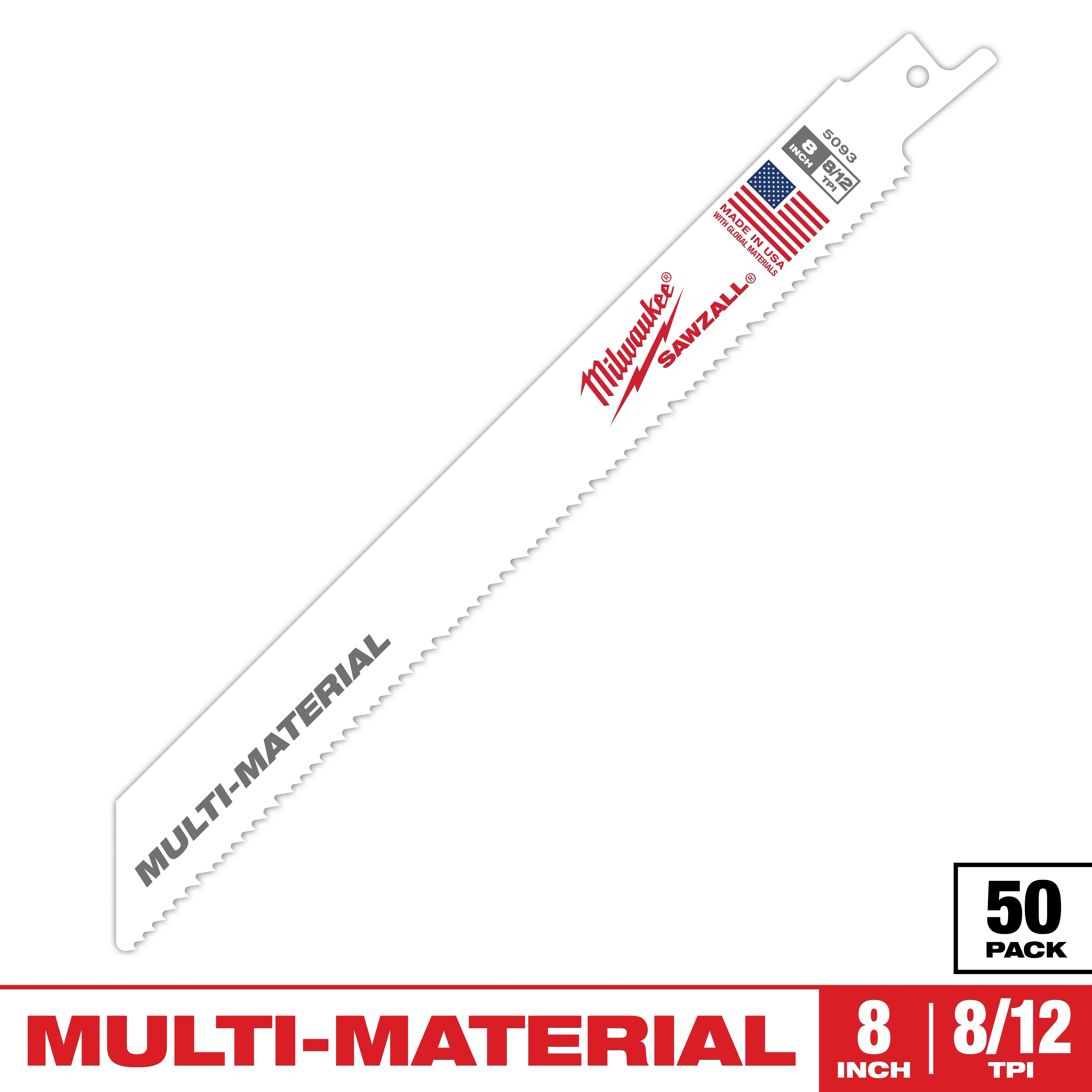 The Sawzall Bi-Metal Carbide blade is designed for sawing through multiple materials. It is 8 inches long with 8/12 TPI (teeth per inch). The blade is white, featuring a logo, American flag, and specifications in red and black text. It comes in a 50-pack.