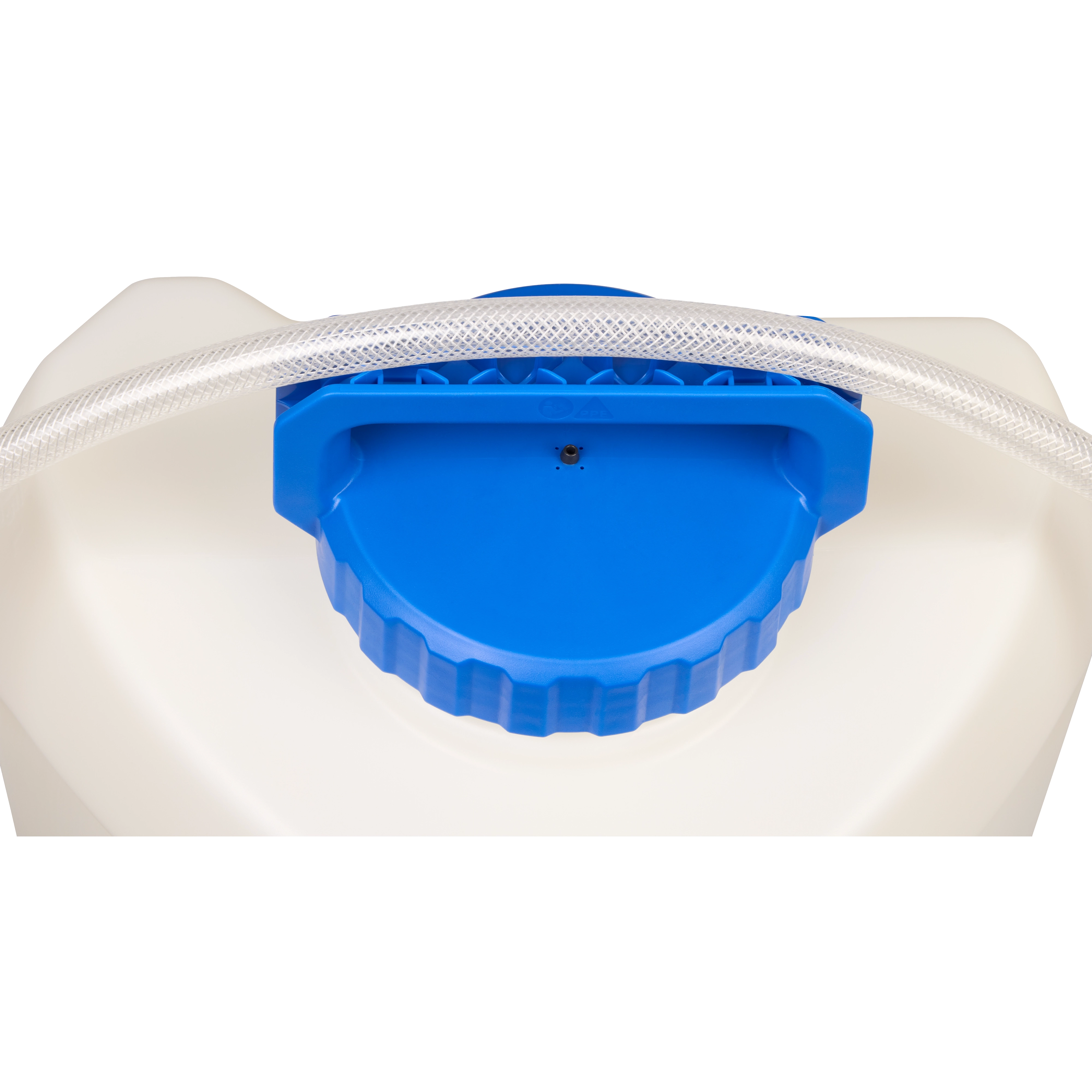 The image shows a close-up of the top of a 4-Gallon Water Supply Tank Assembly with SWITCH TANK™. It features a blue screw-on cap and a transparent braided tube attached to the top.