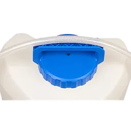 The image shows a close-up of the top of a 4-Gallon Water Supply Tank Assembly with SWITCH TANK™. It features a blue screw-on cap and a transparent braided tube attached to the top.