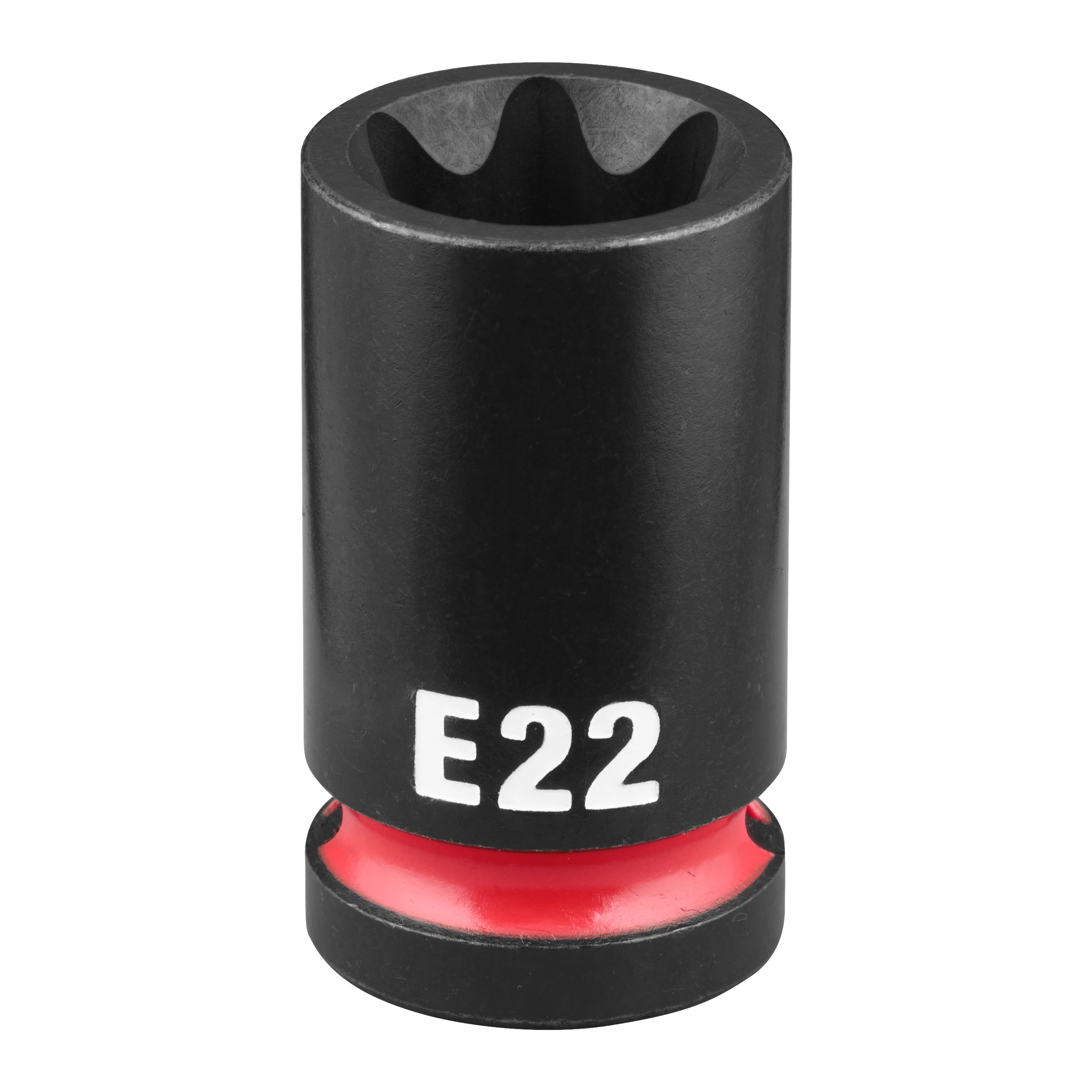SHOCKWAVE Impact Duty 1/2" Drive E-Torx E22 Bit Socket standing upright with E22 marking and a red band near the base.