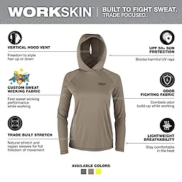 The Women's WORKSKIN Hooded Sun Shirt in Sandstone features custom sweat-wicking fabric, UPF 50+ sun protection, odor-fighting material, and lightweight breathability.