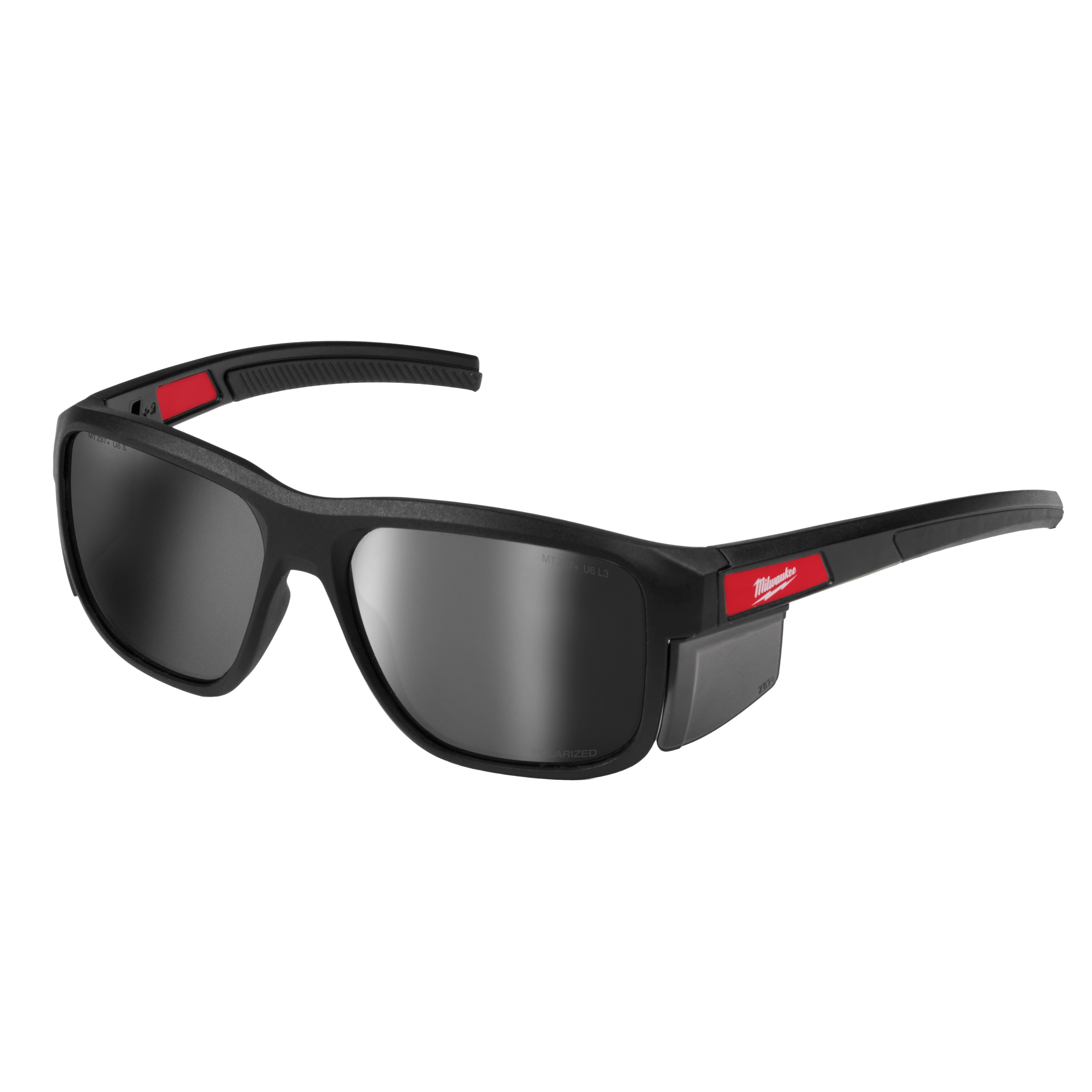 Polarized Full Frame Safety Glasses with Removable Side Shields feature mirrored dual coat lenses. The black frame has red accents on the temples, enhancing the stylish, protective design. Ideal for workplace safety, the side shields offer additional eye protection while the polarized lenses reduce glare.