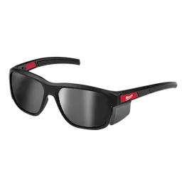 Polarized Full Frame Safety Glasses with Removable Side Shields feature mirrored dual coat lenses. The black frame has red accents on the temples, enhancing the stylish, protective design. Ideal for workplace safety, the side shields offer additional eye protection while the polarized lenses reduce glare.