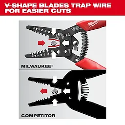 8-20 AWG Dipped Grip Wire Stripper & Cutter (USA) with V-shaped blades for easier cuts compared with a competitor's tool.