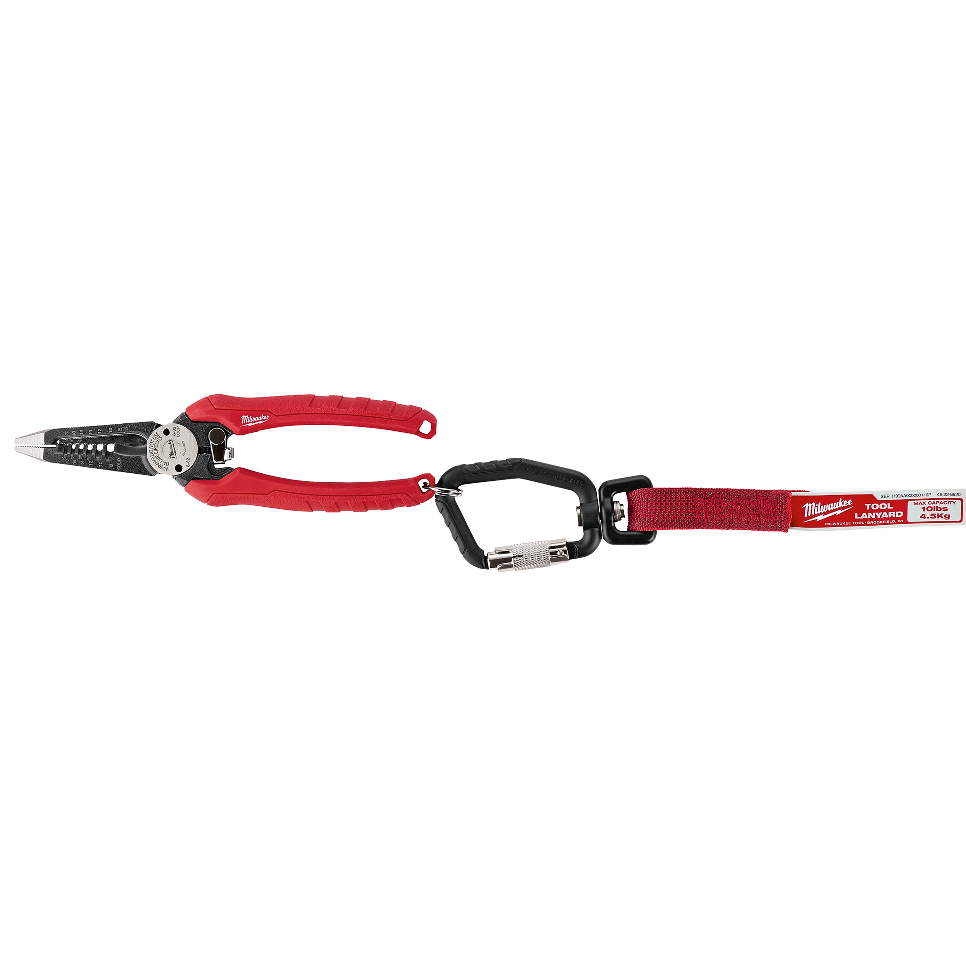 Red-handled pliers attached to a black carabiner and red tool lanyard labeled "5pc 2lb 3/4" Split Ring".