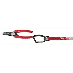 Red-handled pliers attached to a black carabiner and red tool lanyard labeled "5pc 2lb 3/4" Split Ring".