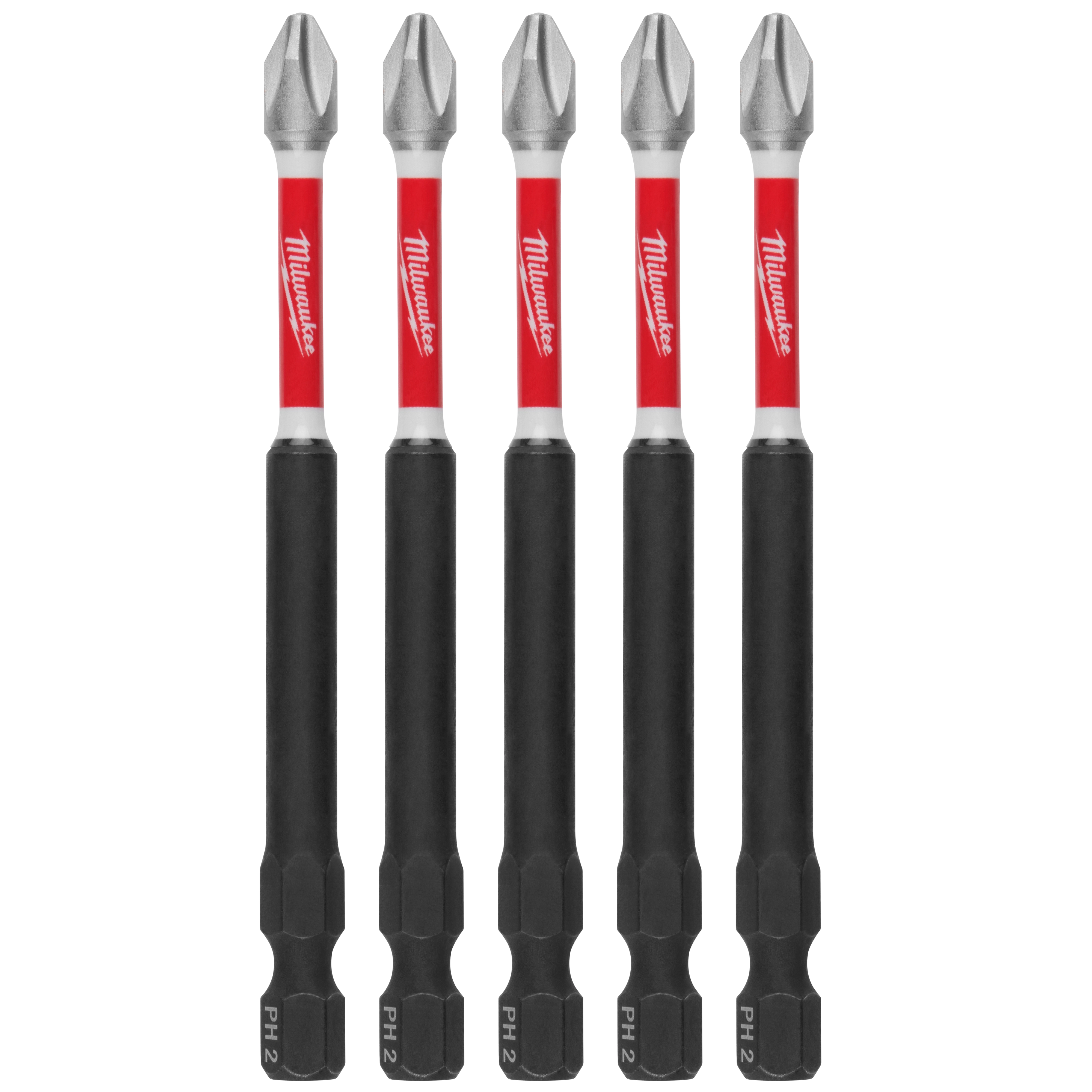 The image shows five Milwaukee SHOCKWAVE™ 3-1/2” Impact Duty Phillips #2 Power Bits (5 PK). The bits have a silver tip, red branding, and black shank marked with "PH2."