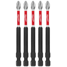 The image shows five Milwaukee SHOCKWAVE™ 3-1/2” Impact Duty Phillips #2 Power Bits (5 PK). The bits have a silver tip, red branding, and black shank marked with "PH2."