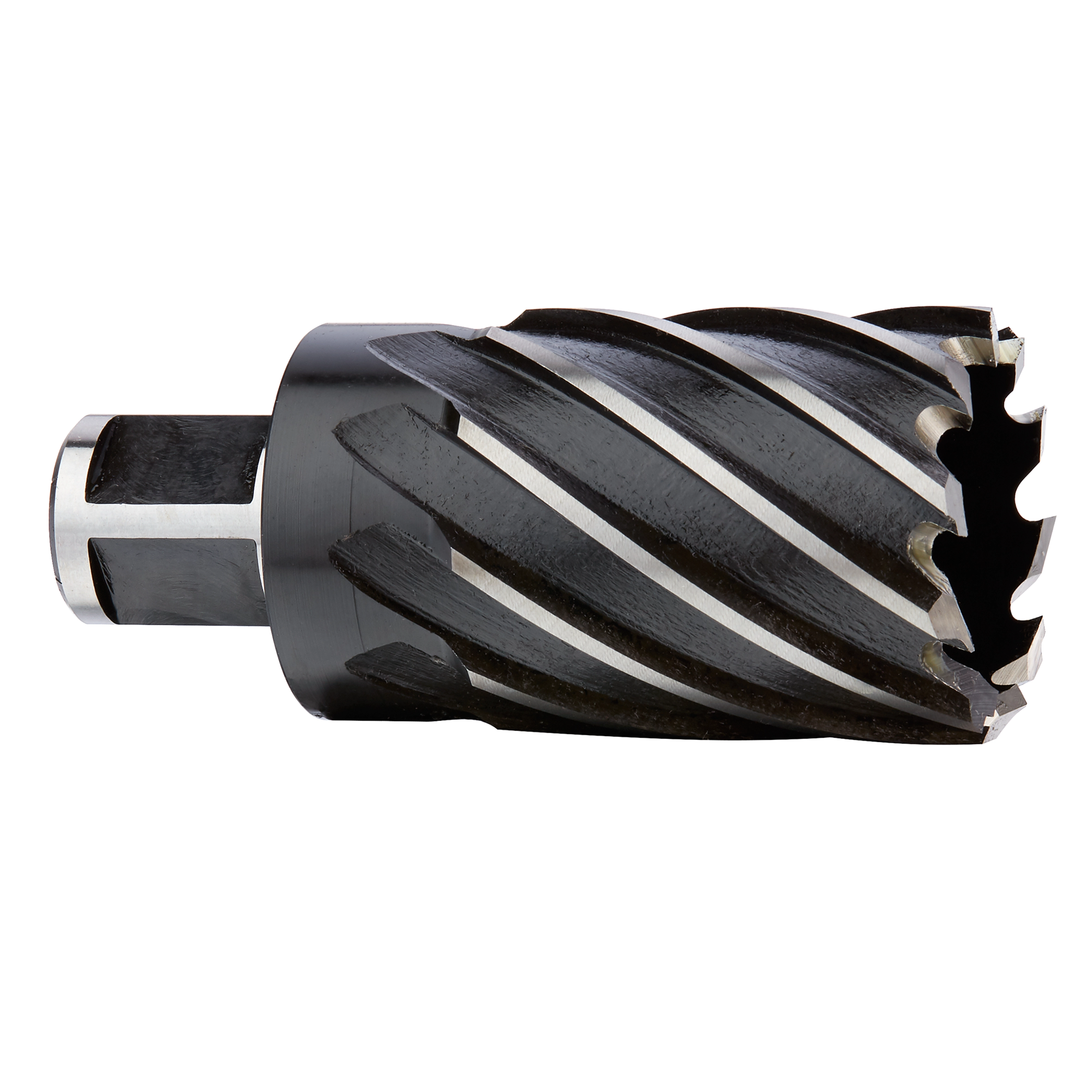 1 1/2" Annular Cutter, featuring a cylindrical design with helical cutting edges and an open center, designed for precision drilling.