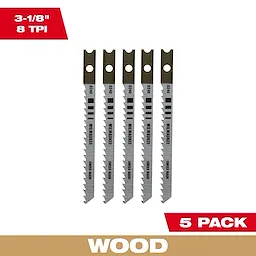 Five 3-1/8" 8TPI U-Shank Wood High Carbon Steel Jig Saw Blades are displayed vertically. The packaging highlights "5 Pack" and "Wood."
