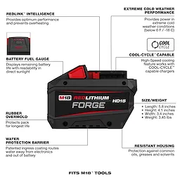Black and red M18 REDLITHIUM FORGE HD15 Battery Pack shown with labeled feature callouts around it.
