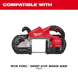 Image of a red and black Milwaukee-branded power tool, specifically the M18 FUEL™ Deep Cut Band Saw. The text "COMPATIBLE WITH" is above the image, and below it reads "M18 FUEL™ DEEP CUT BAND SAW 2929."