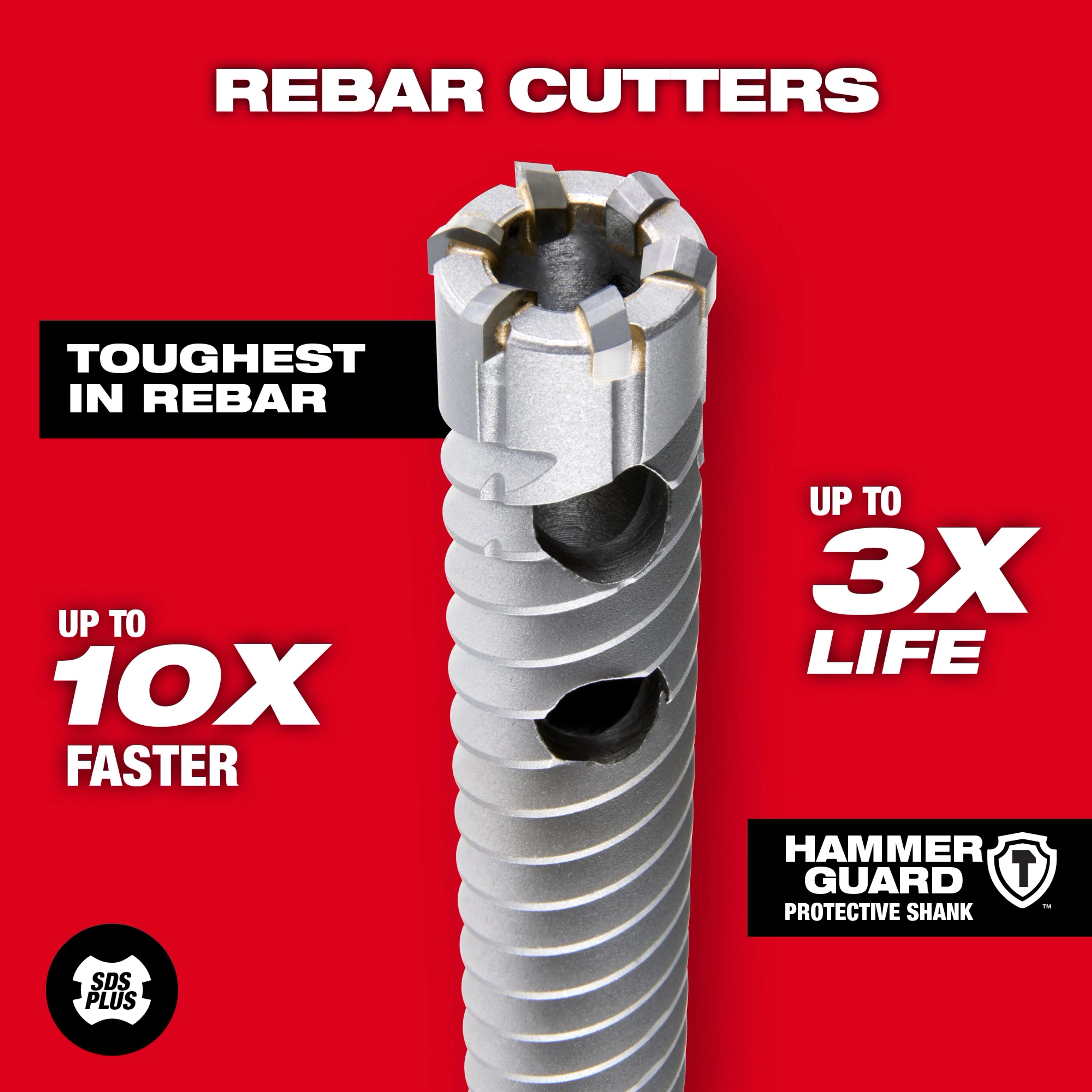 Rebar Cutter Image Reel with Hammer Guard protective shank, touting toughness in rebar, up to 10x faster cutting, and 3x longer life.