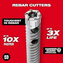 Rebar Cutter Image Reel with Hammer Guard protective shank, touting toughness in rebar, up to 10x faster cutting, and 3x longer life.