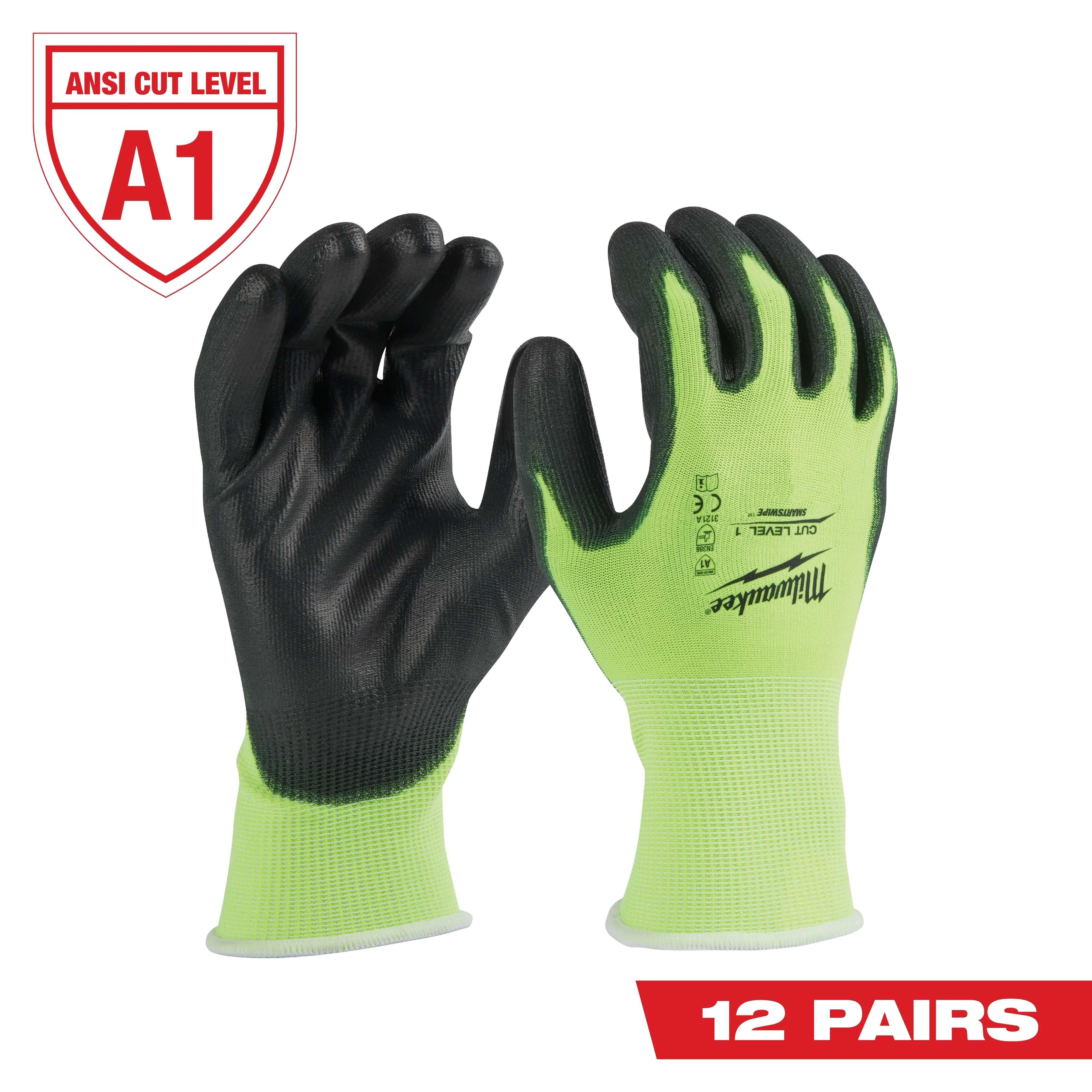 The High Visibility Level 2 Cut Resistant Polyurethane Dipped Work Gloves (12-Pack) in green and black, shown with an ANSI A1 cut level rating.