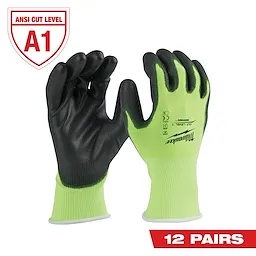 The High Visibility Level 2 Cut Resistant Polyurethane Dipped Work Gloves (12-Pack) in green and black, shown with an ANSI A1 cut level rating.