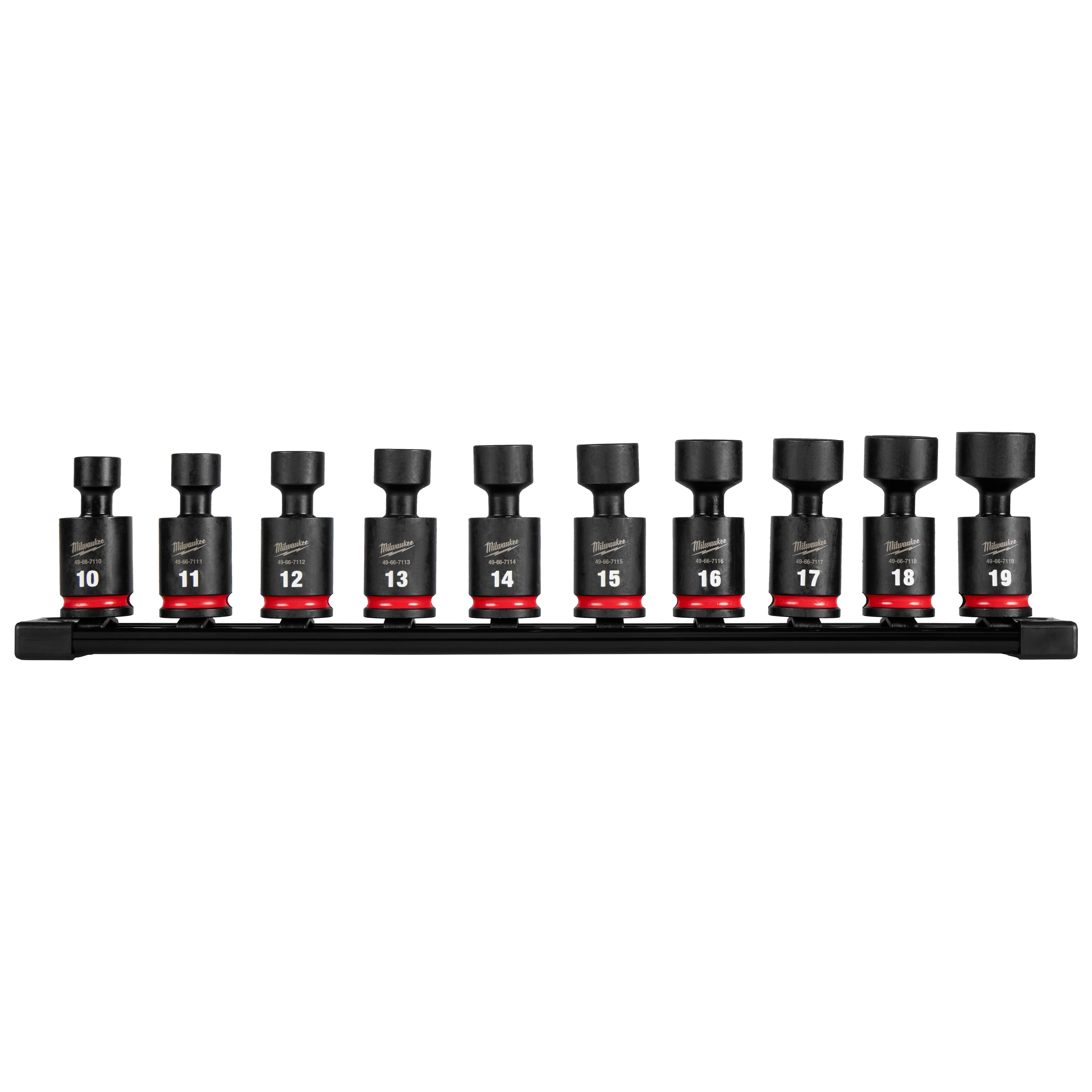 The 10PC SHOCKWAVE Impact Duty 3/8" Drive 6 Point Metric Standard Swivel Socket Set features ten swivel sockets with red bands, organized on a rail. The sockets are labeled with numbers from 10 to 19, representing their sizes.