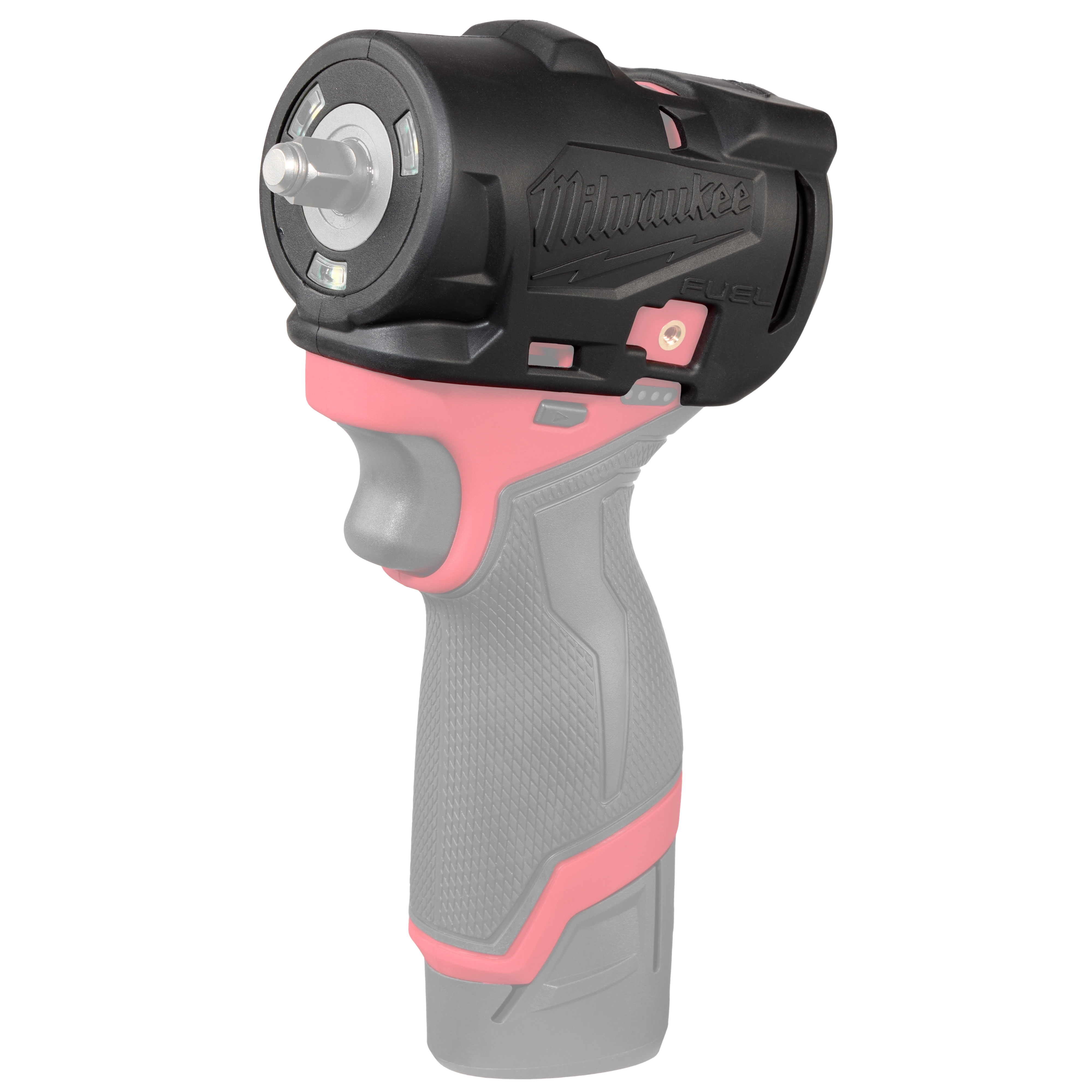 The image shows the Milwaukee M12 FUEL™ 1/4" & 3/8" Subcompact Impact Wrench with Friction Ring Protective Boot. The tool features a black and pink design, with a textured gray handle for grip. The front includes a small metal friction ring and a protective boot on the wrench head.