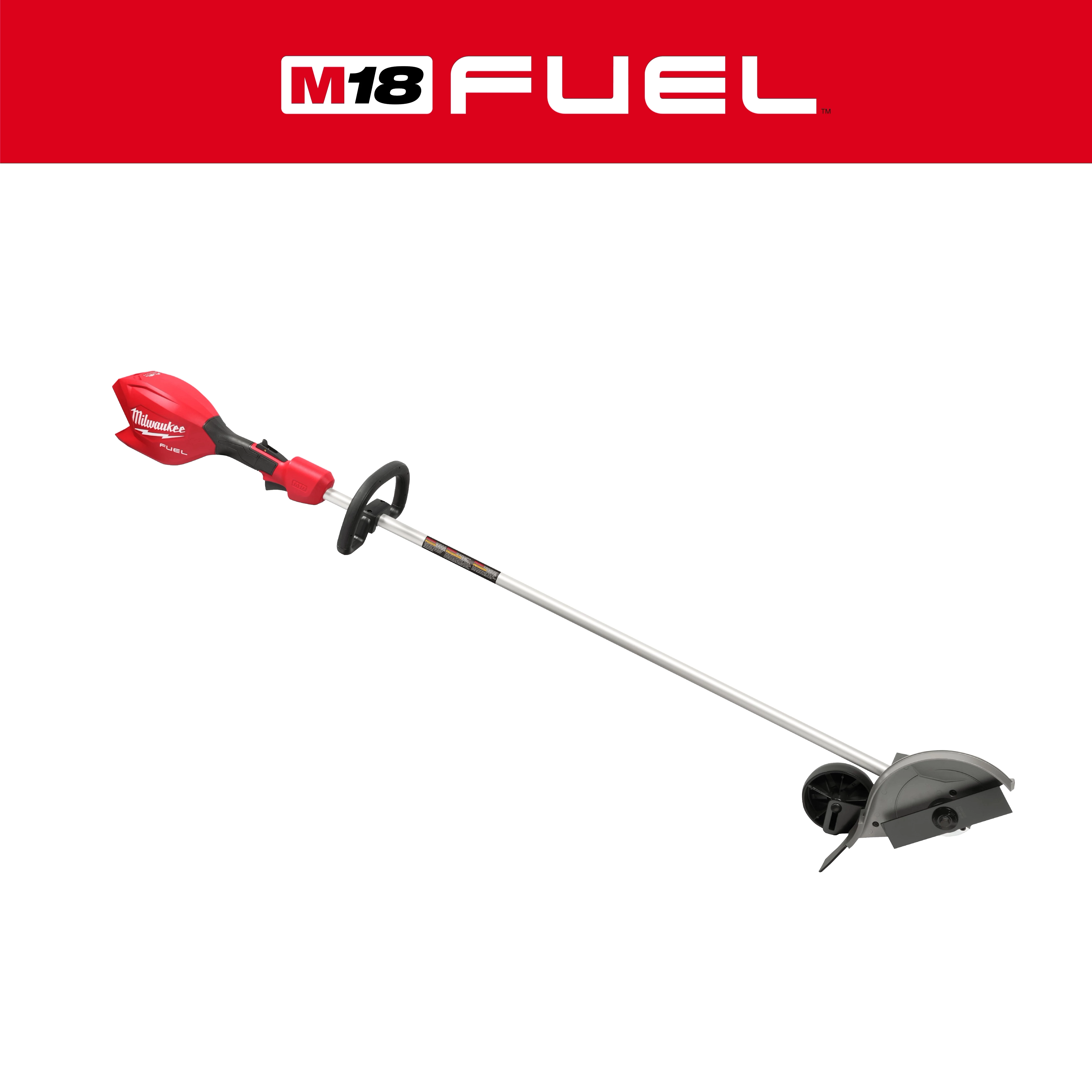 M18 FUEL Edger features a red motor casing, a long silver shaft, and a rotating black blade guard for precision lawn edging.