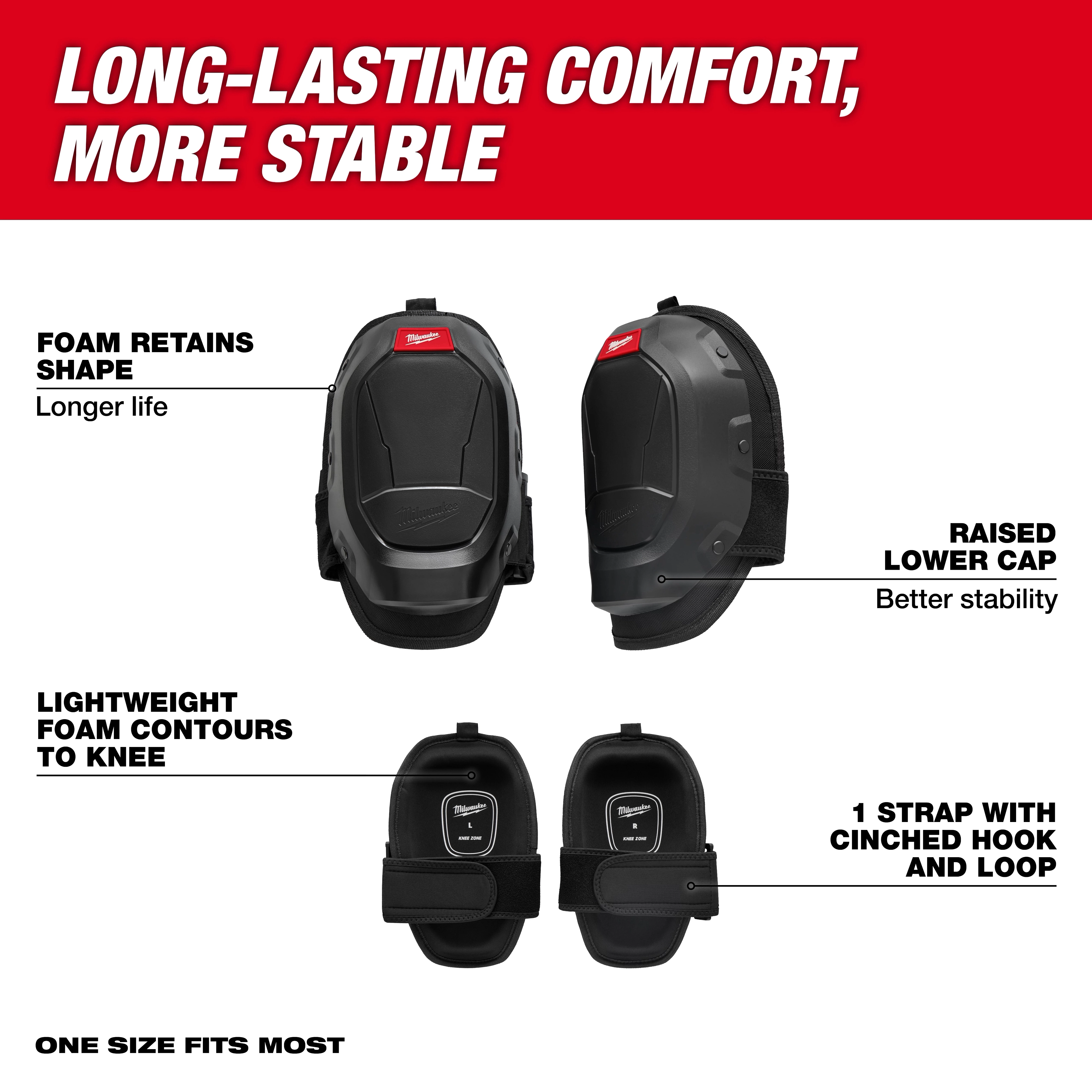 This image shows the Stabilizer Knee Pad features, including foam that retains shape for longer life, a raised lower cap for better stability, lightweight foam that contours to the knee, and a single strap with cinched hook and loop. "One size fits most" is noted at the bottom.