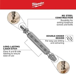 The M2 Steel Screw Extractor Set 4PC features durable M2 steel construction for drilling hardened screws and bolts. It has a double-ended design for easy drilling and extracting, and long-lasting laser etching with clear A and B side labeling for ease of use.