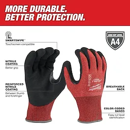 Red Nitrile Level 4 Cut Resistant Dipped Work Gloves features include touchscreen compatibility, reinforced coating, and breathable design.