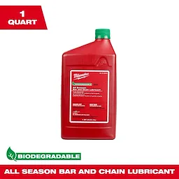 Milwaukee's 1 Quart Biodegradable All Season Bar and Chain Lubricant is a red plastic container with a green cap designed for chainsaw maintenance. It features biodegradable properties and all-season usability, providing lubrication for bar and chain systems. It is advertised with clear labeling emphasizing its environmental benefits and performance.