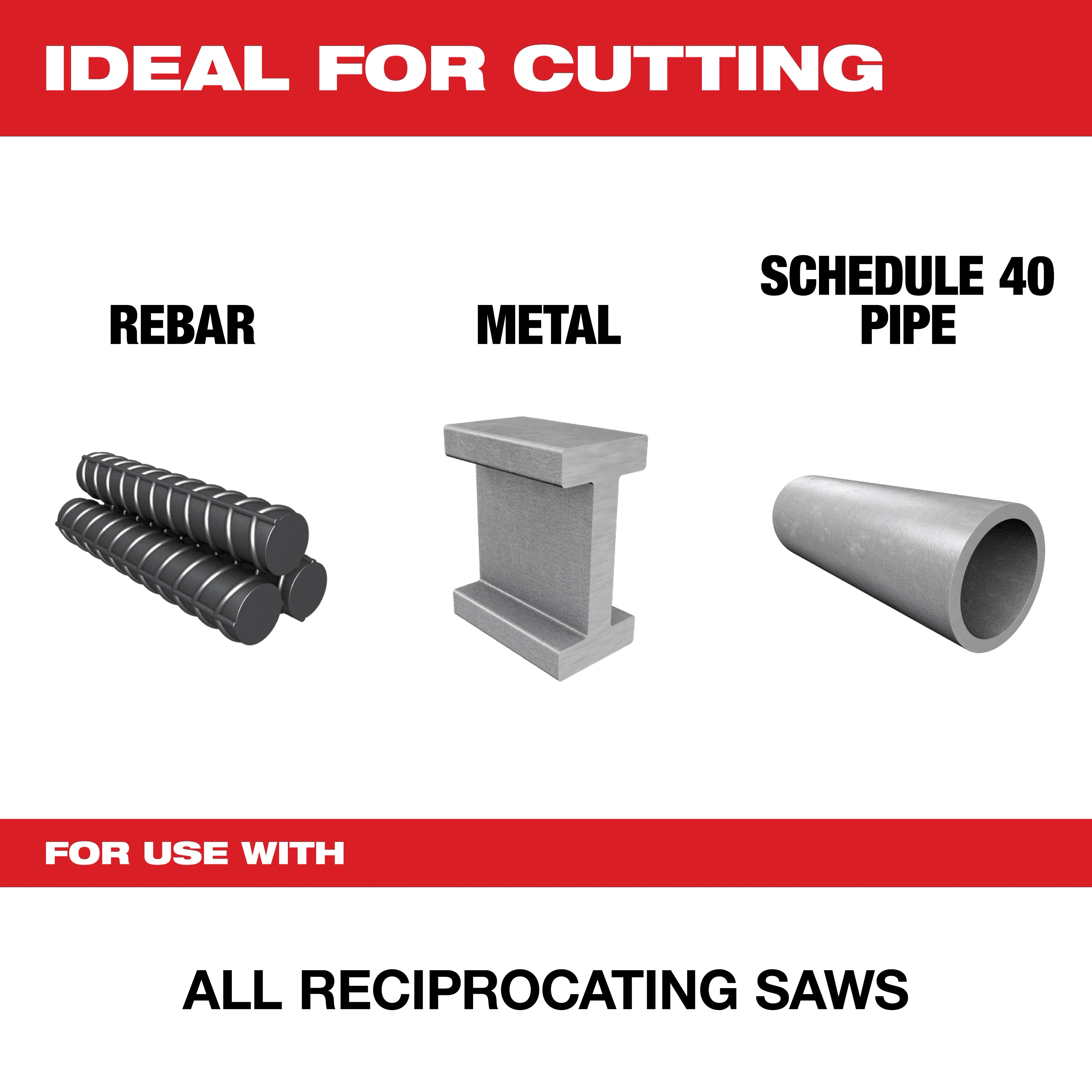The image promotes the product "For Use With" showing it is ideal for cutting rebar, metal, and Schedule 40 pipe. The text highlights compatibility with all reciprocating saws against a red and white backdrop.