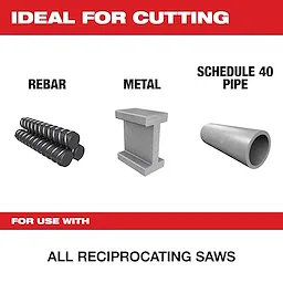 The image promotes the product "For Use With" showing it is ideal for cutting rebar, metal, and Schedule 40 pipe. The text highlights compatibility with all reciprocating saws against a red and white backdrop.