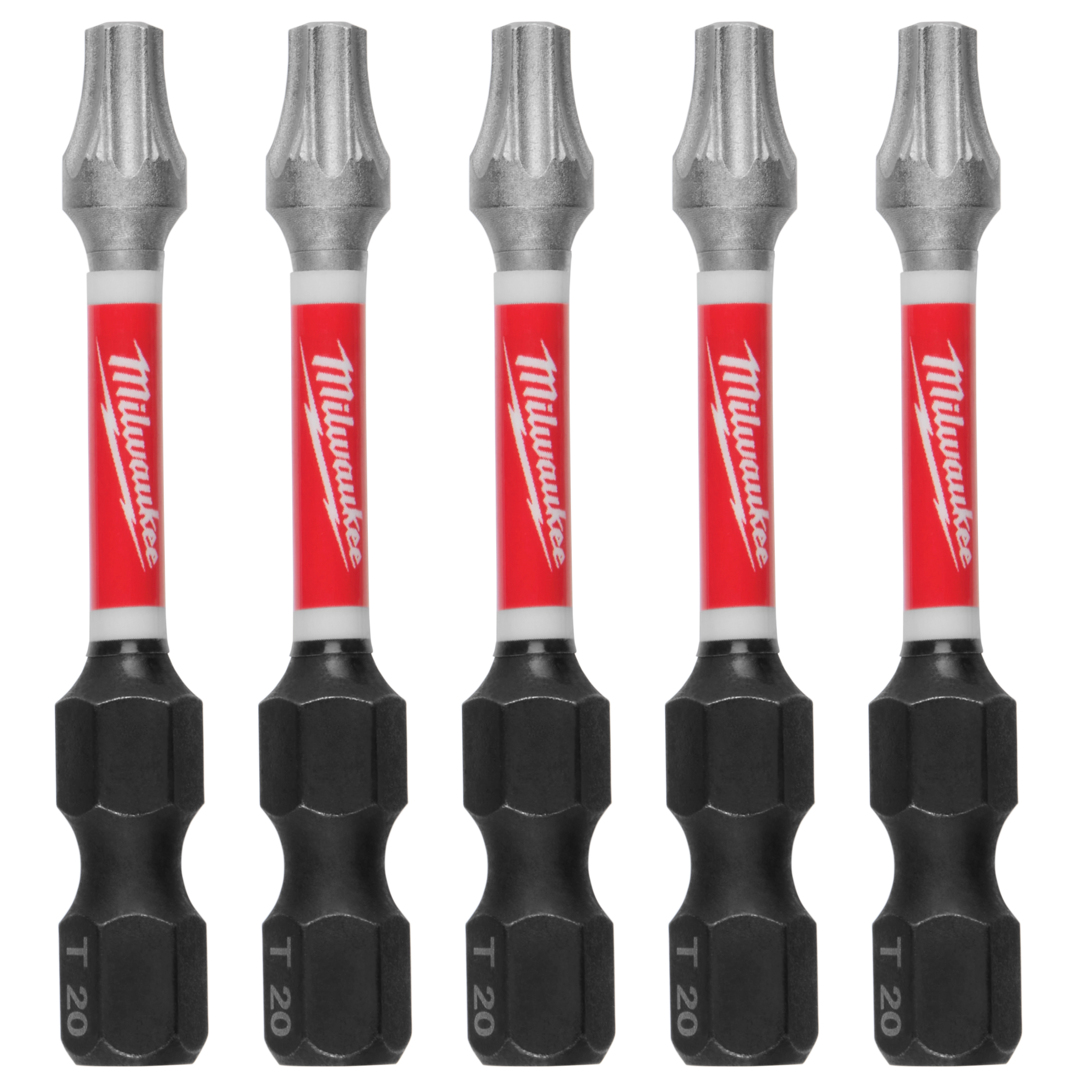 The image shows five SHOCKWAVE™ 2" Impact TORX® T20 Power Bits (5 PK) by Milwaukee. The bits have red and white Milwaukee branding on the handle and black T20 tips.