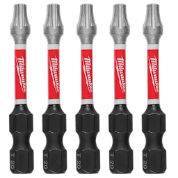 The image shows five SHOCKWAVE™ 2" Impact TORX® T20 Power Bits (5 PK) by Milwaukee. The bits have red and white Milwaukee branding on the handle and black T20 tips.