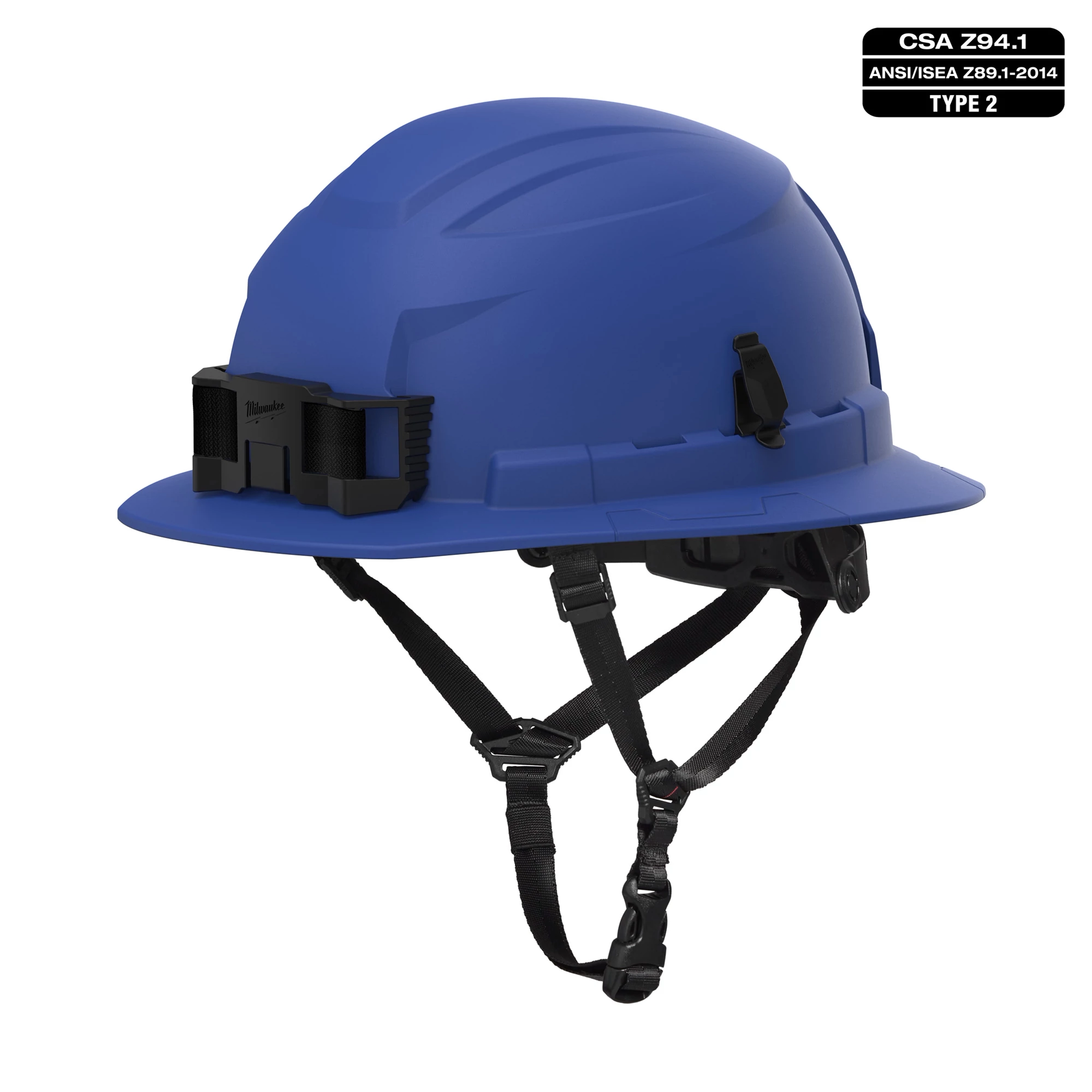 BOLT 4PT Blue Full Brim Non-Vented Safety Helmet - Type 2, Class E. This helmet features a secure chin strap and is CSA Z94.1 and ANSI/ISEA Z89.1-2014 compliant.