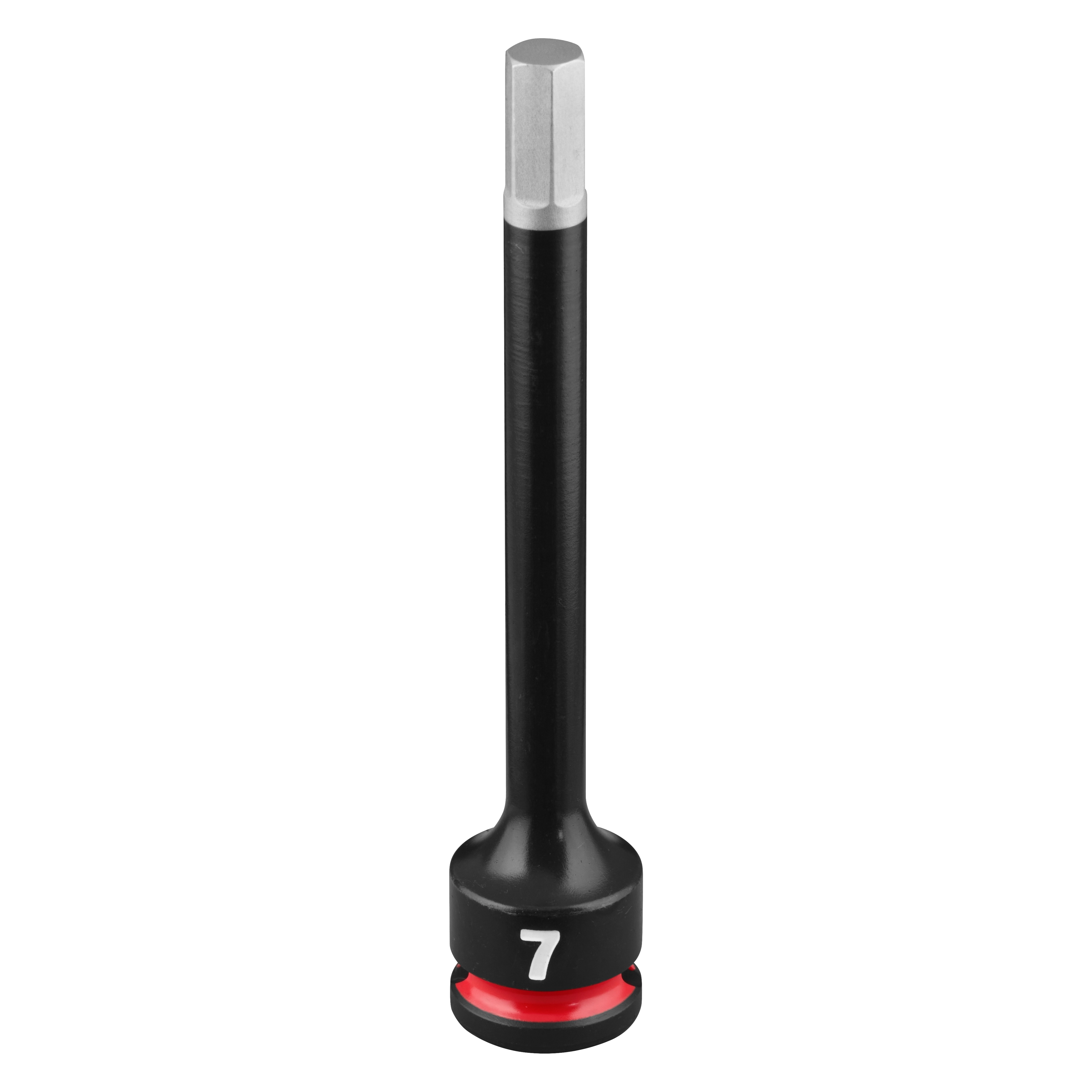 SHOCKWAVE Impact Duty 3/8" Drive 4" Hex 7mm Bit Socket standing upright on a plain background.