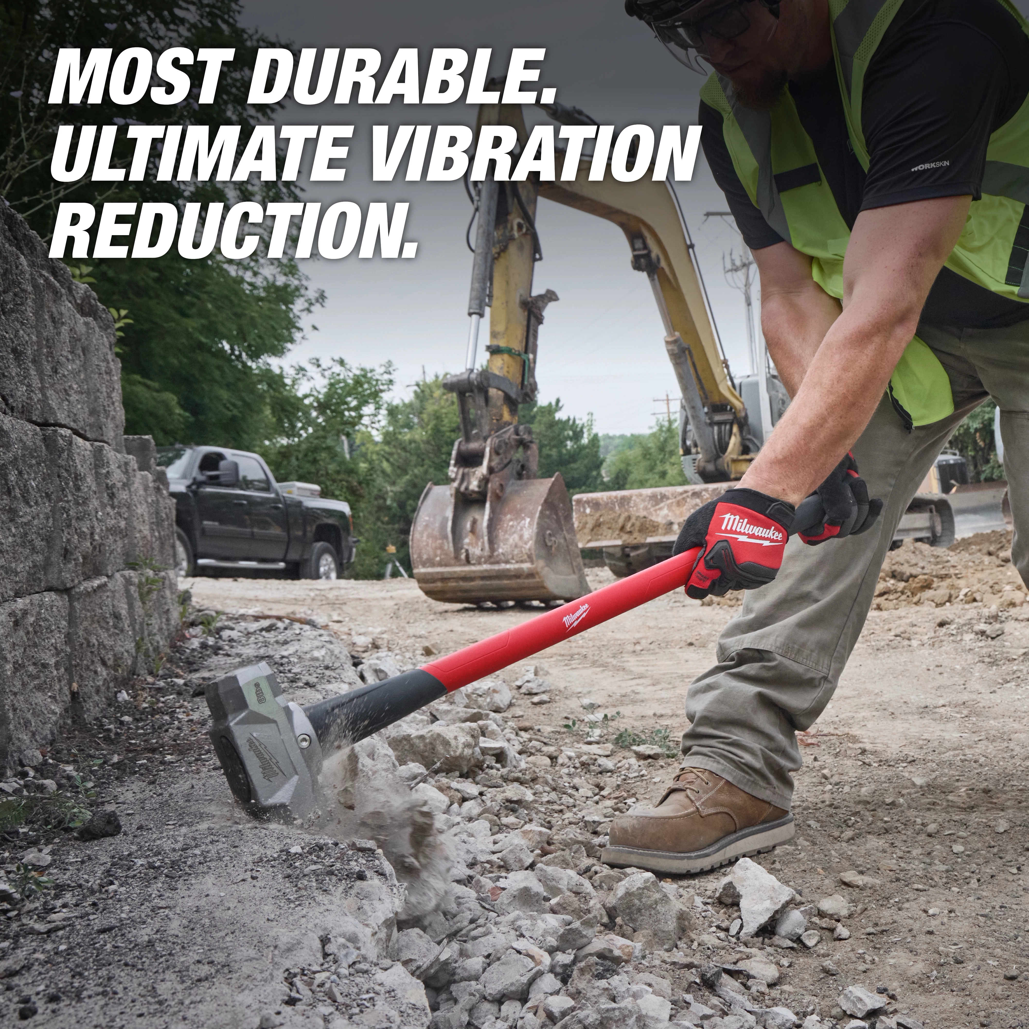 A worker uses an 8lb Sledge Hammer (36" Handle) to break concrete. Text reads "Most durable. Ultimate vibration reduction."