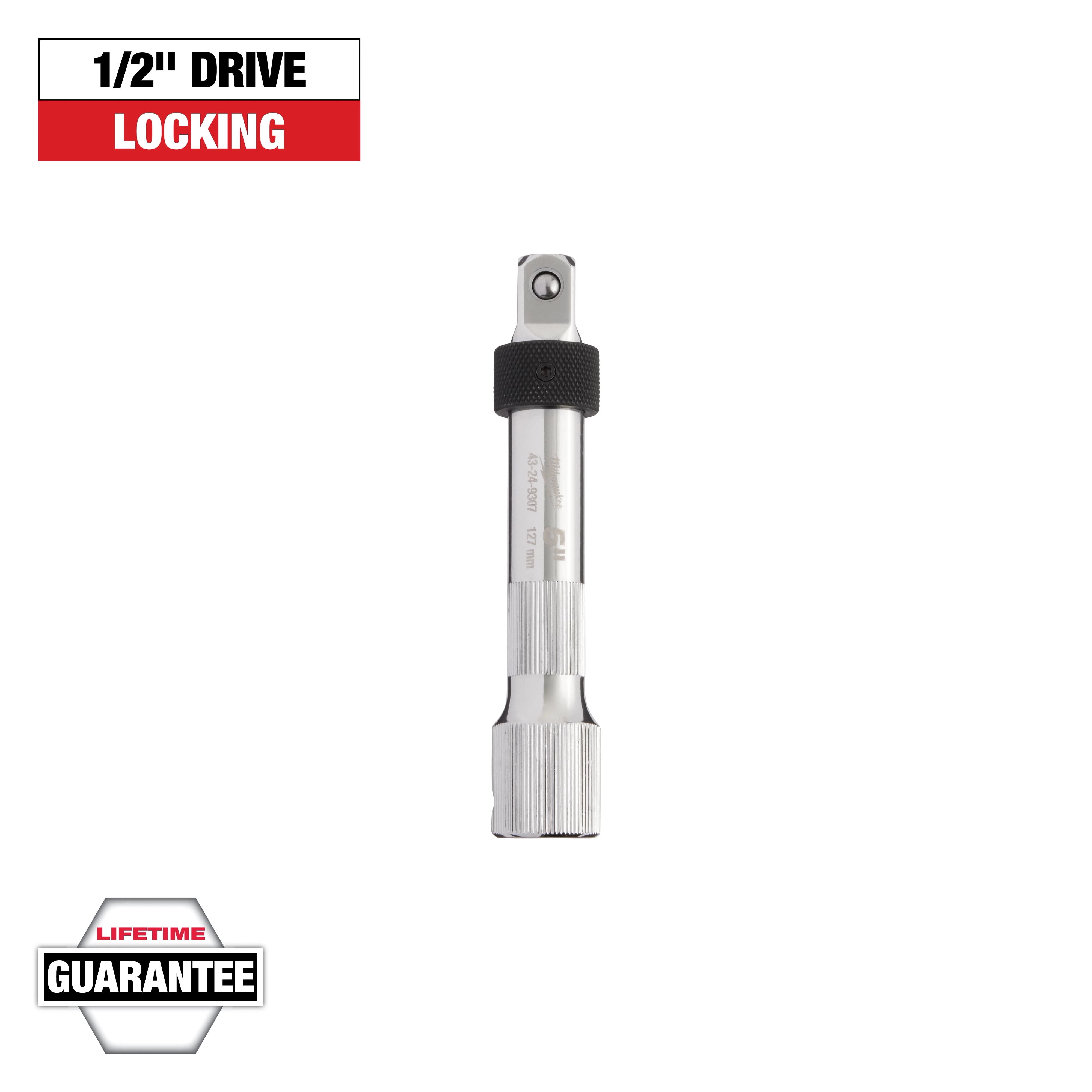 Image of a 1/2-inch drive locking extension tool. The tool is silver with black details. Text labels include "1/2" DRIVE LOCKING" and "LIFETIME GUARANTEE" in boxes.