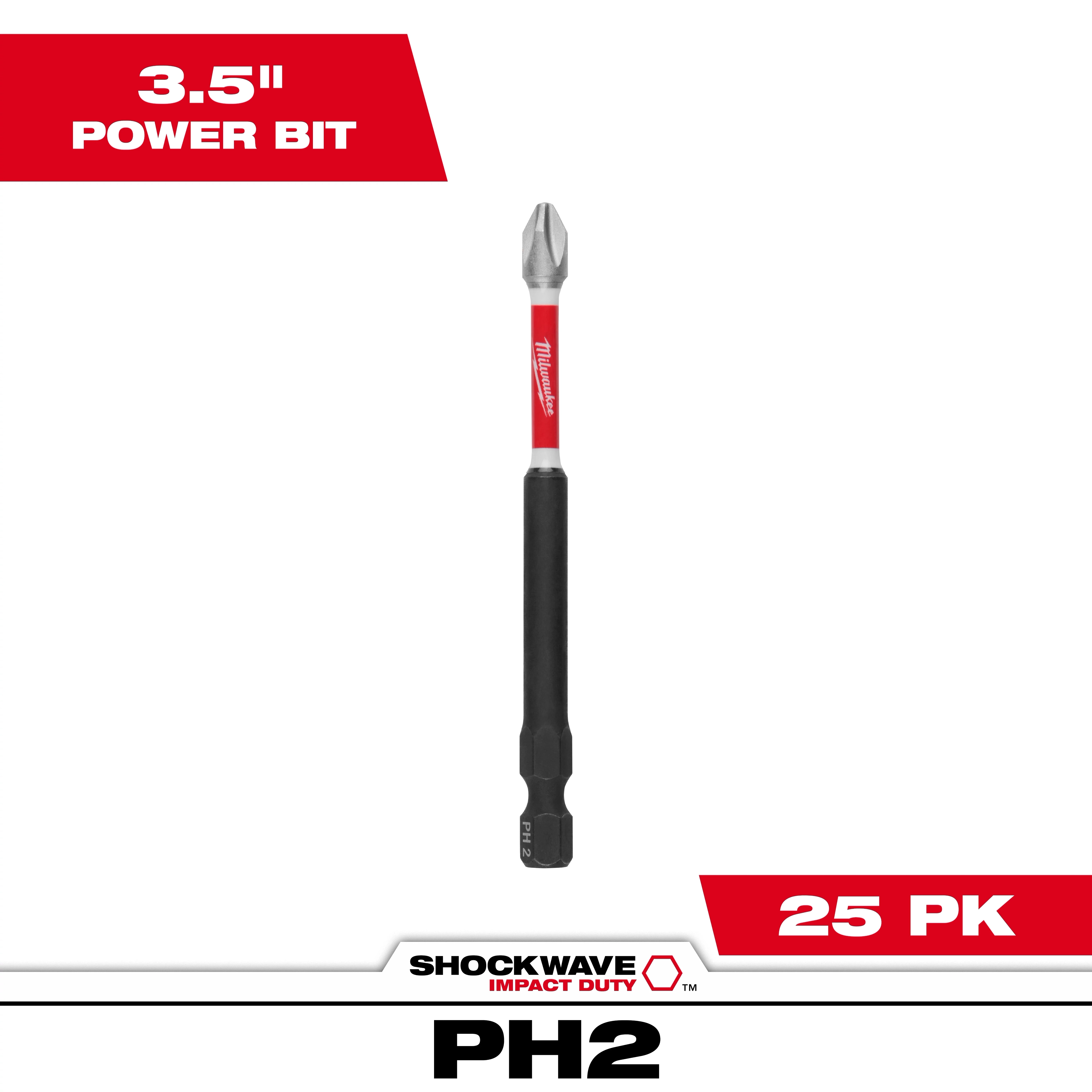 The image shows one SHOCKWAVE™ Impact Duty 3-1/2" Phillips #2 Power Bit from a pack of 25. The bit has a black and red design, with "SHOCKWAVE Impact Duty" written below.